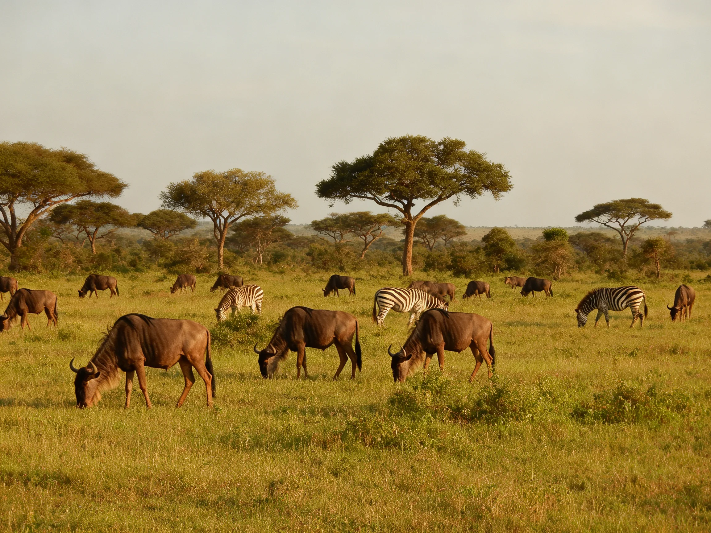 Wildebeests and zebras graze in a lush savannah landscape