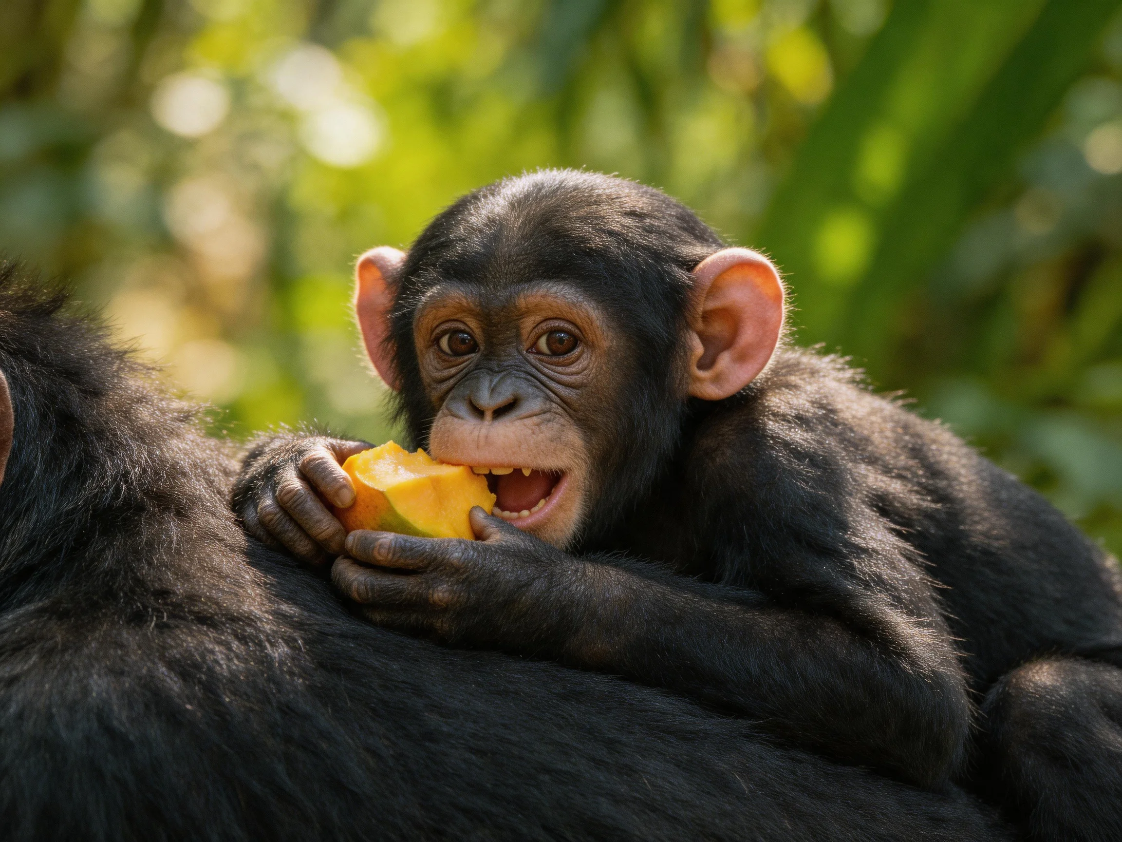 A young chimpanzee eats fruit while resting on an adult chimp in a green environment.