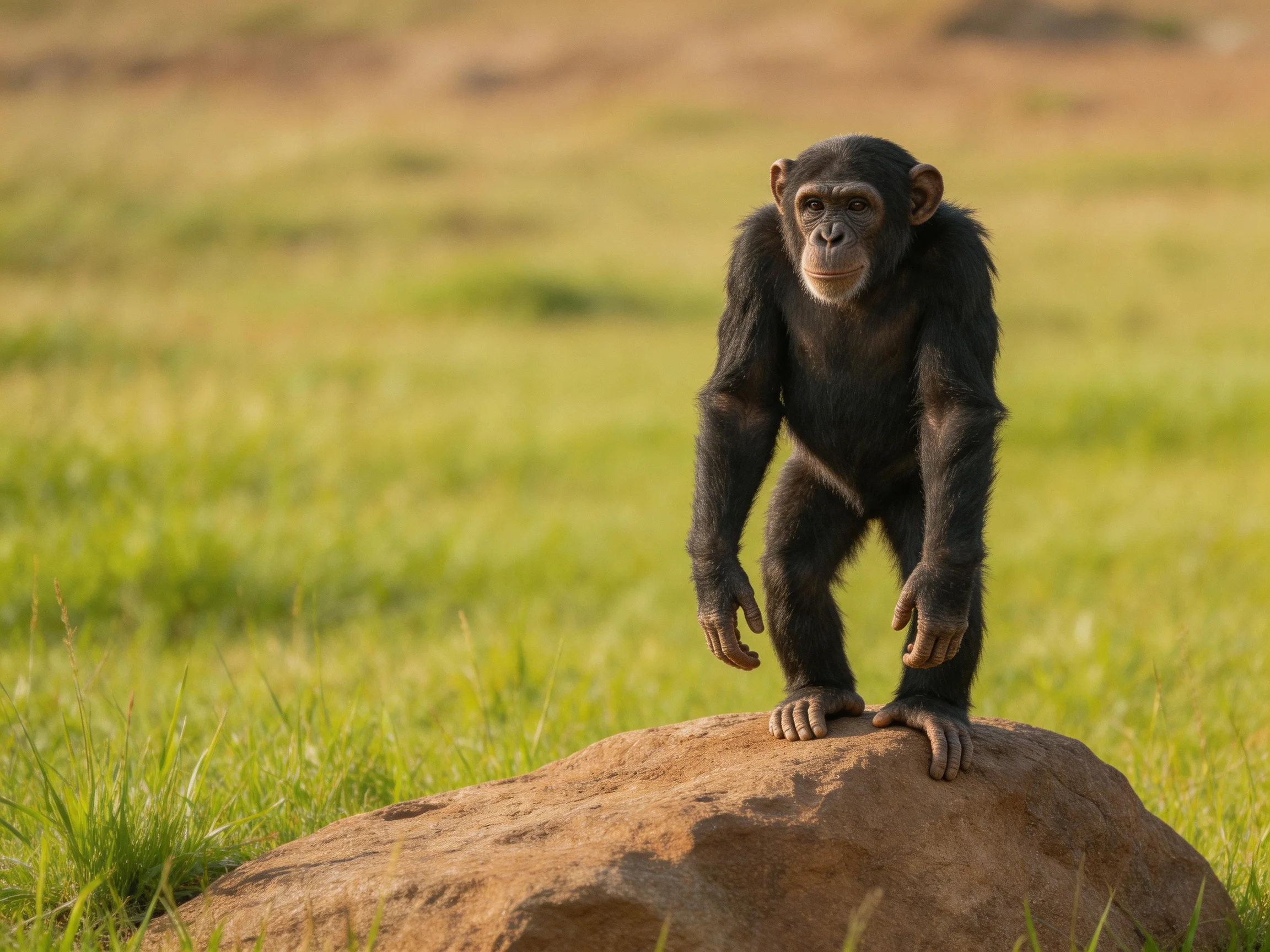 Young black chimpanzee stands atop large brown rock in green field