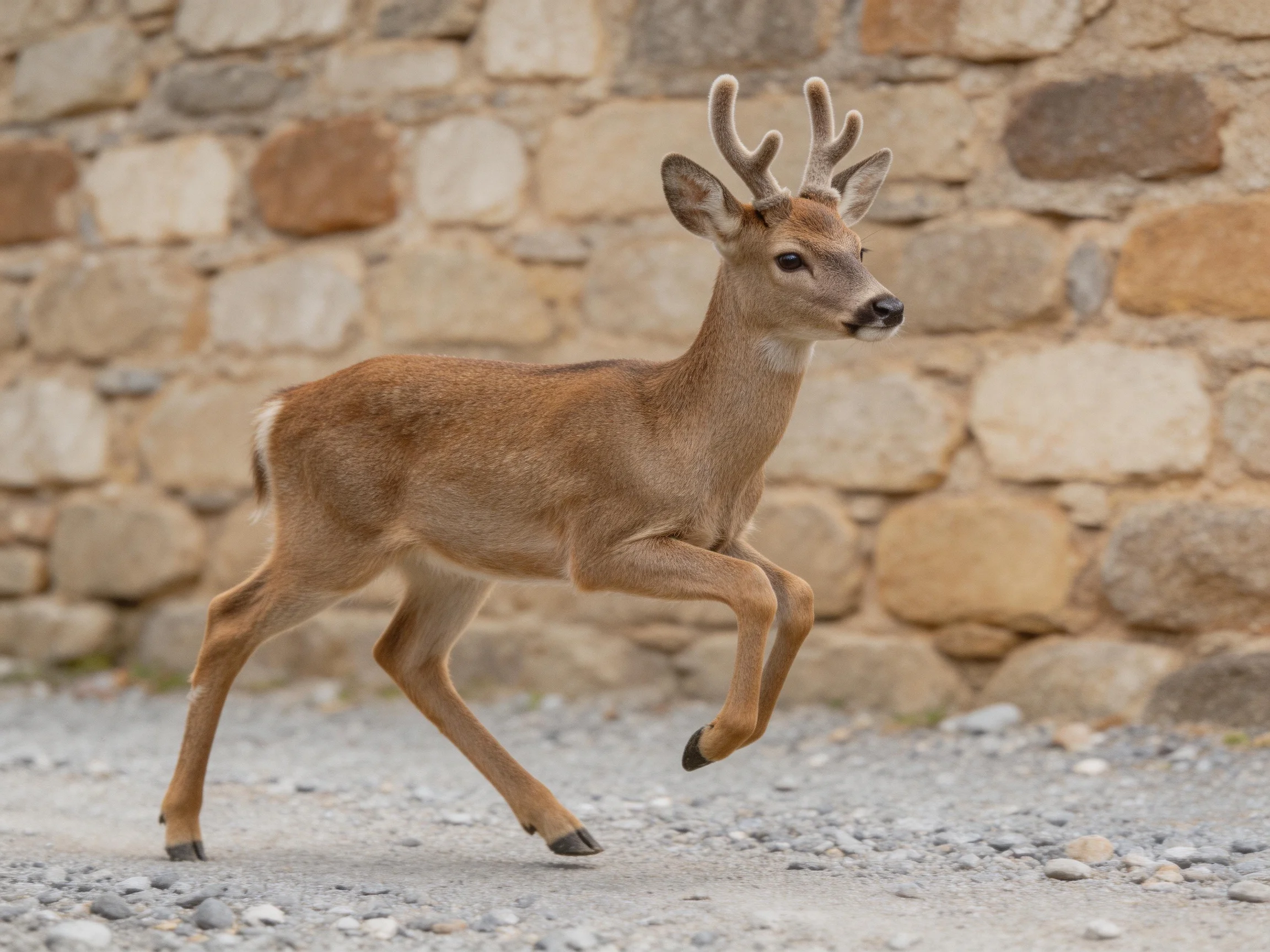 Young brown deer with small antlers running near a stone wall
