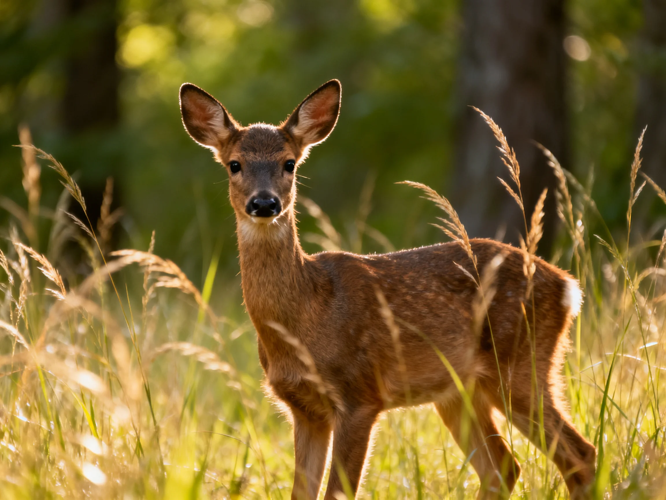 A young brown fawn stands in tall grass under sunlit forest light.