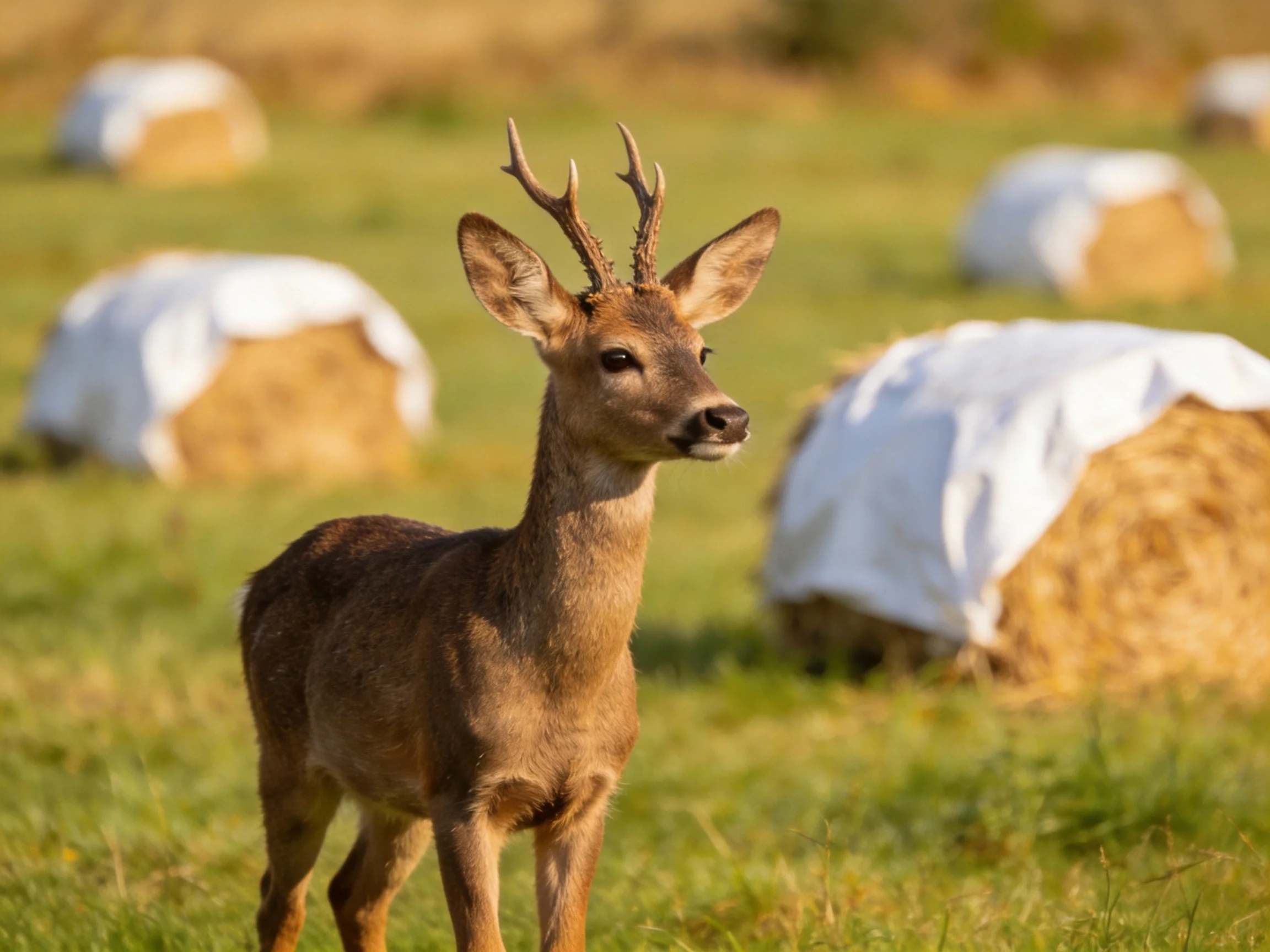 Young deer with antlers near white-covered hay bales in a green meadow