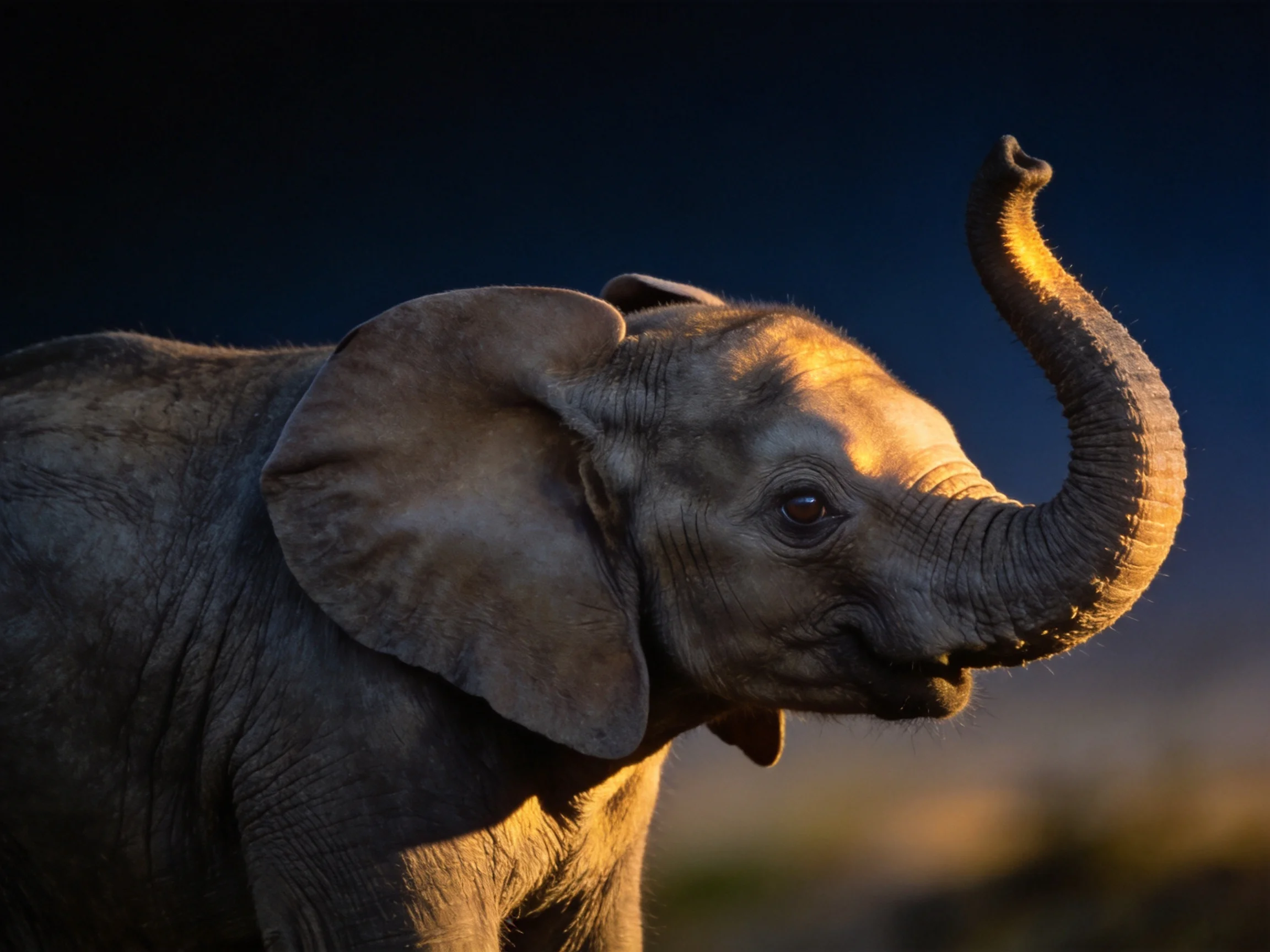 A young elephant raises its trunk while illuminated by warm evening light.