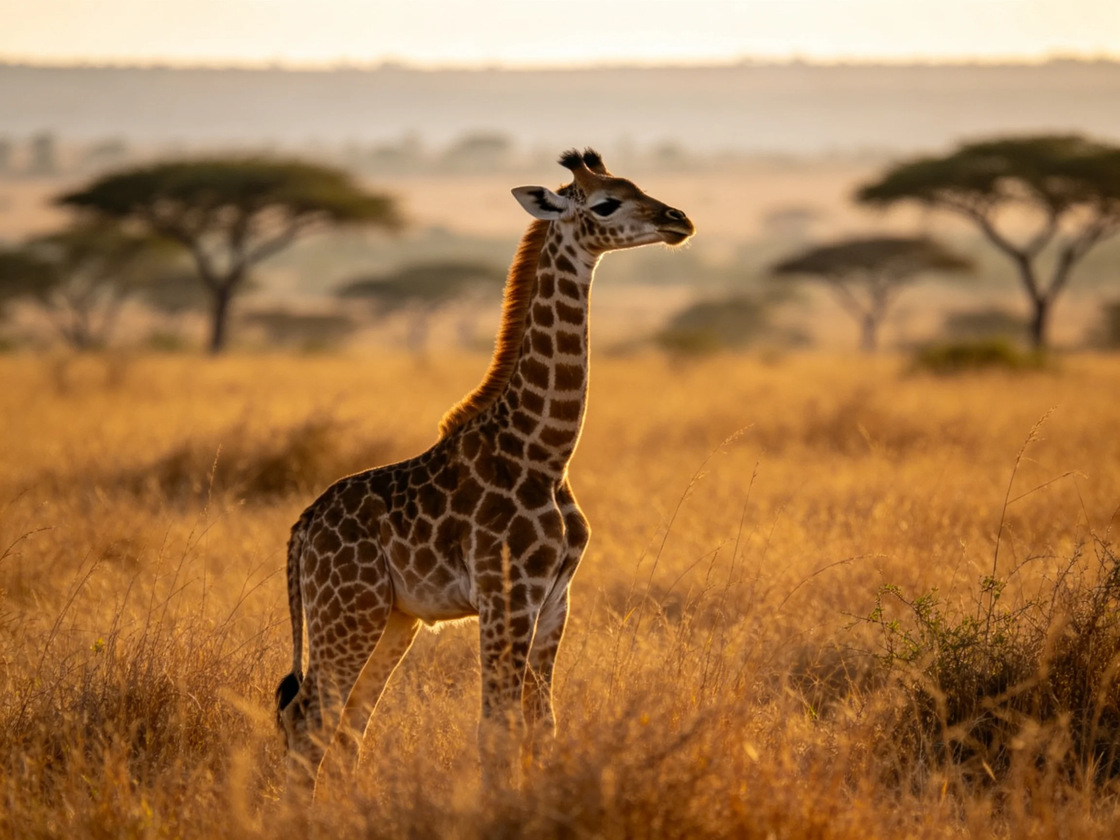 Young giraffe in golden savannah with acacia trees
