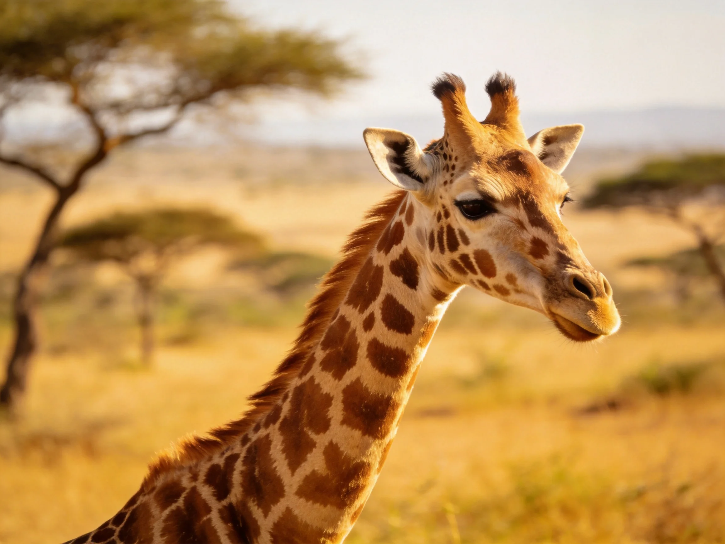 Young giraffe with brown patches in sunlit savannah