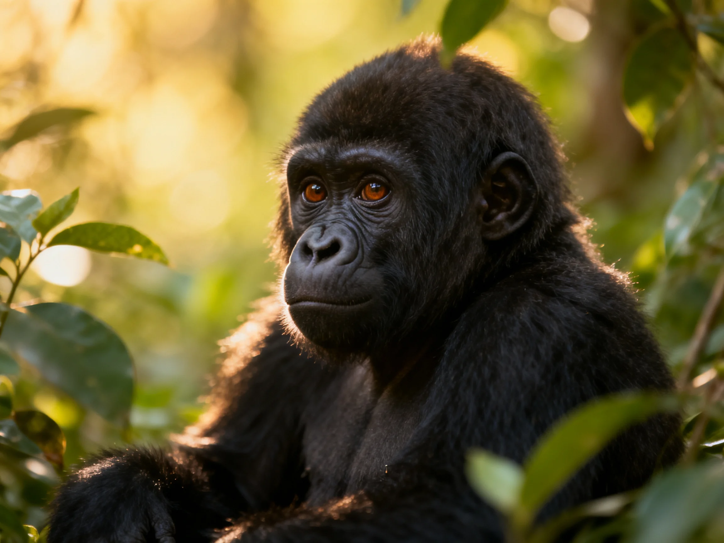 Young gorilla with dark fur nestled among green leaves in golden sunlight