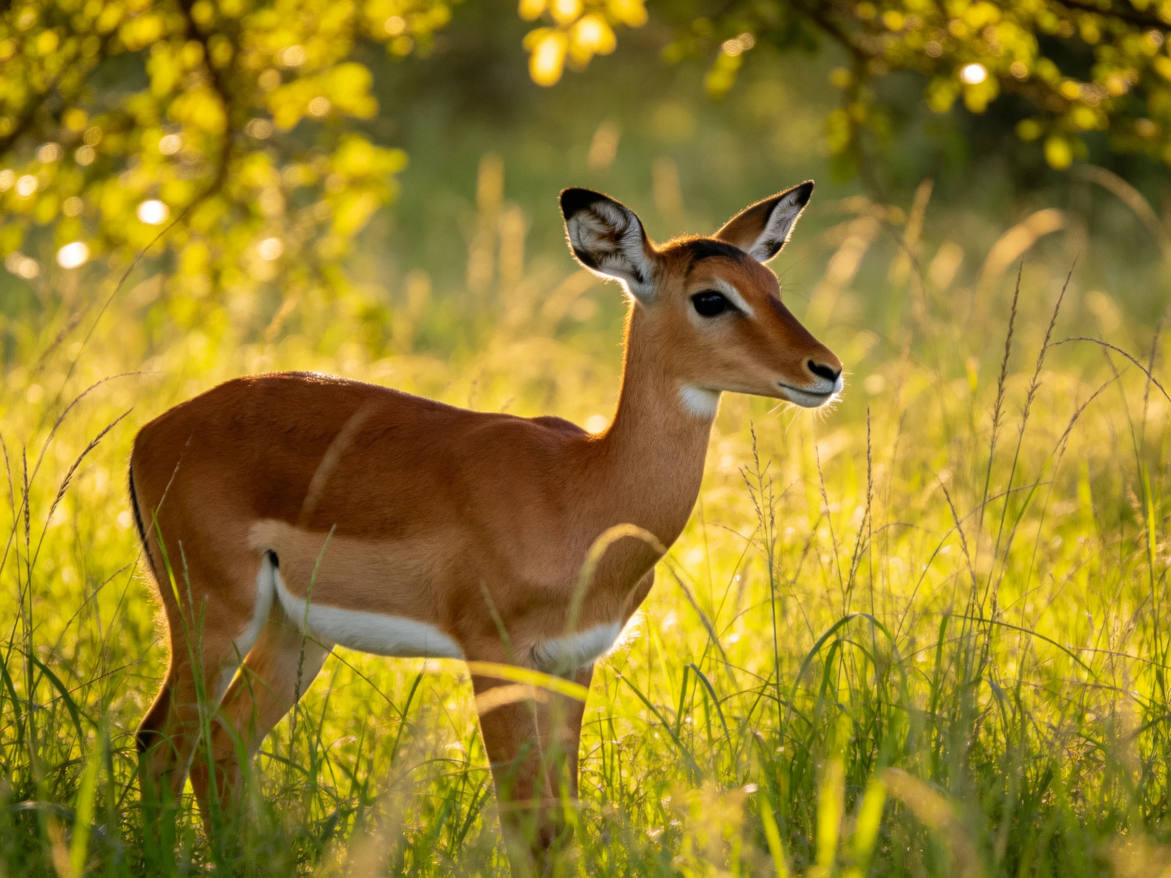 A young impala stands in sunlit tall grass.