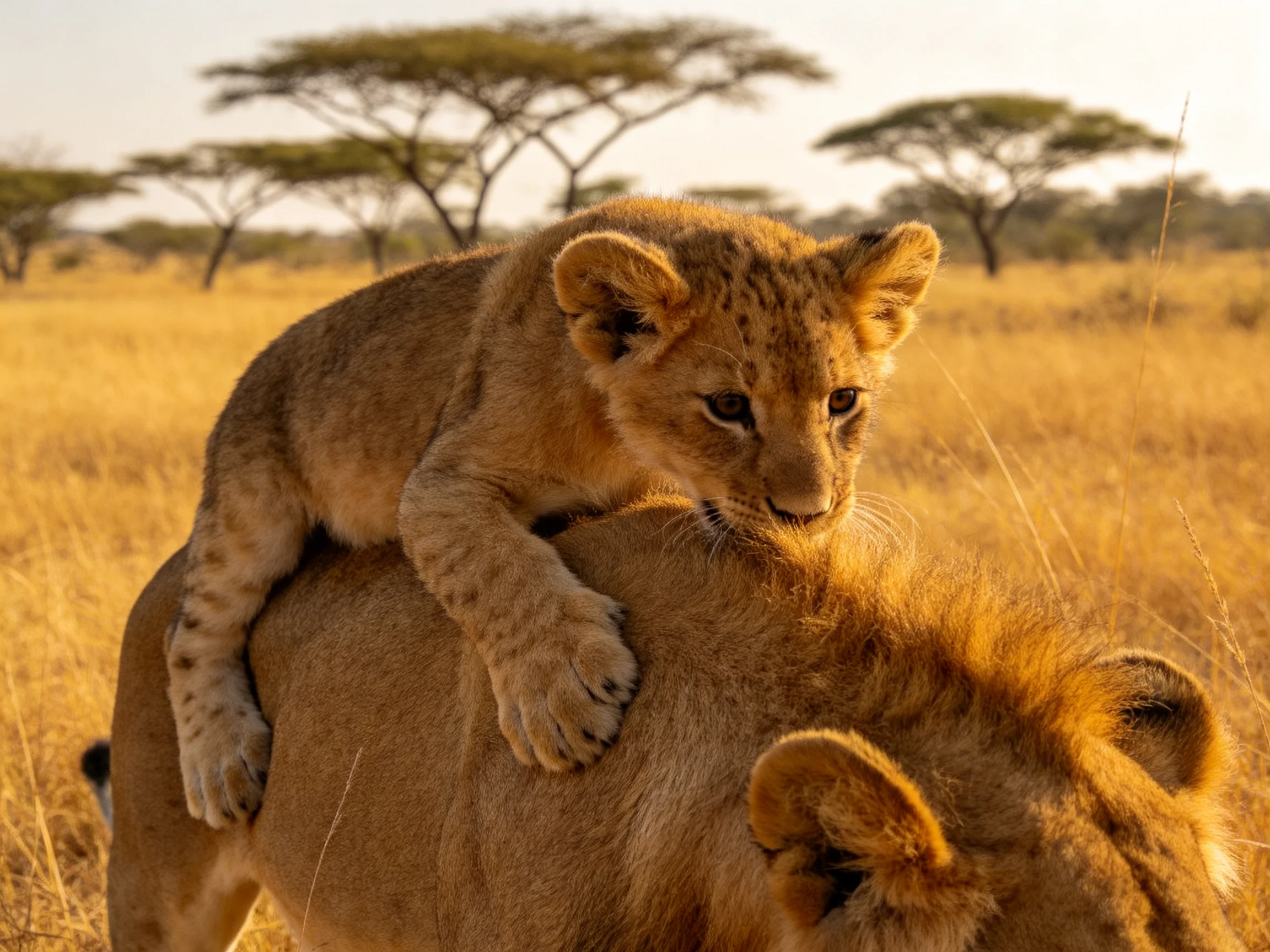 Young lion cub on adult lion in sunlit savannah landscape