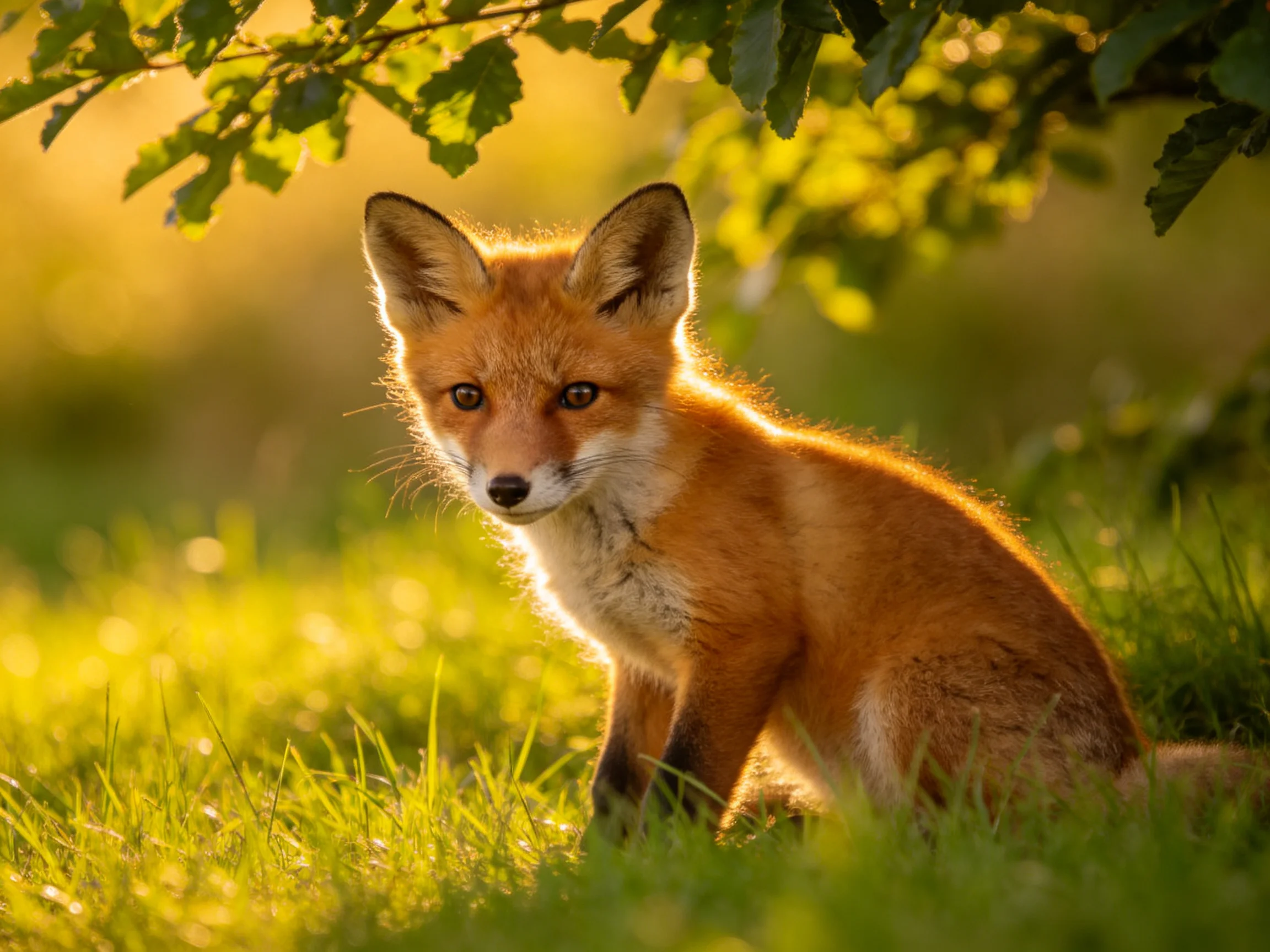 Young red fox cub in sunlit green grass beneath leafy branches