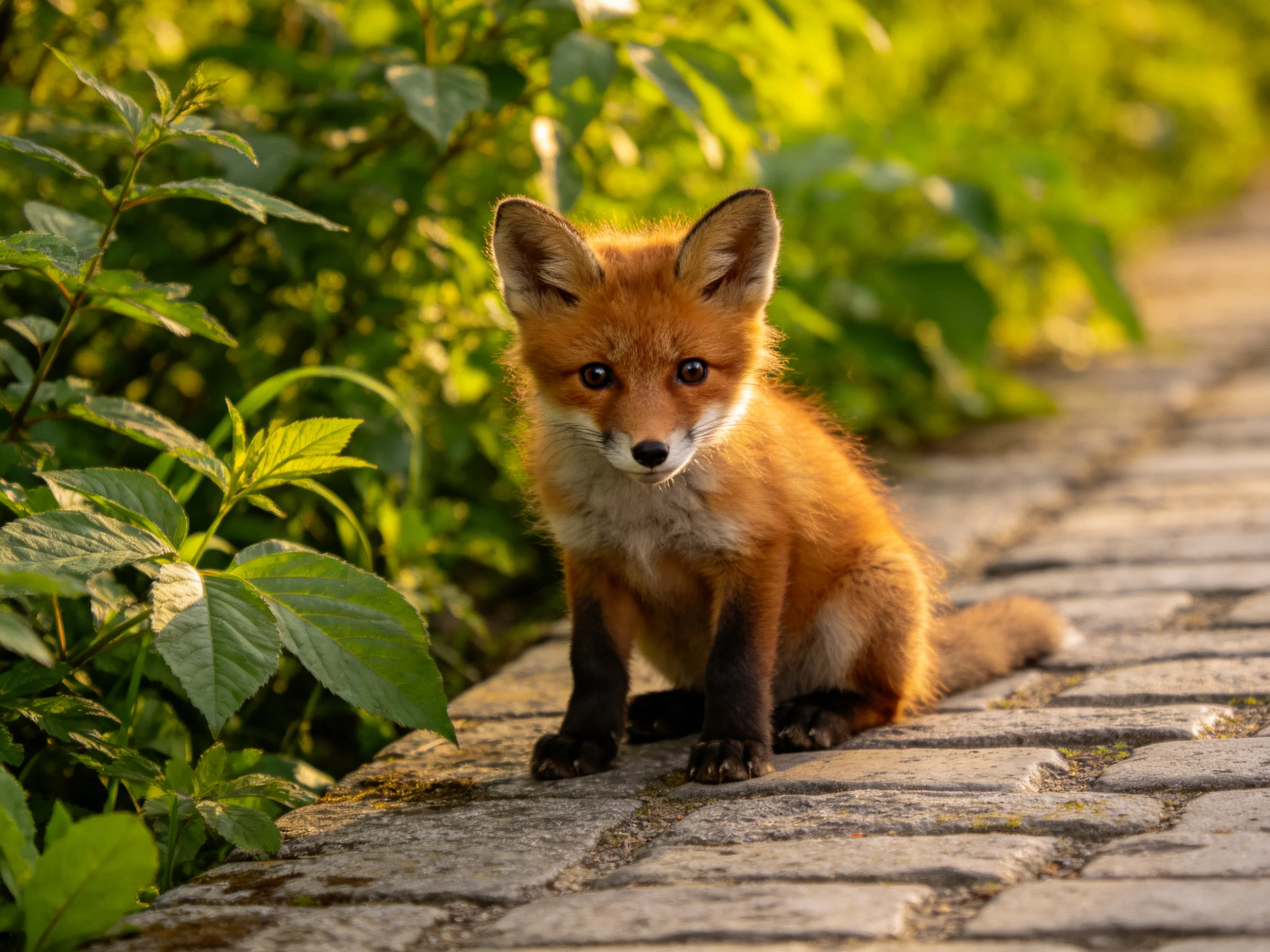 Young reddish - brown fox cub resting on stone path amid lush greenery