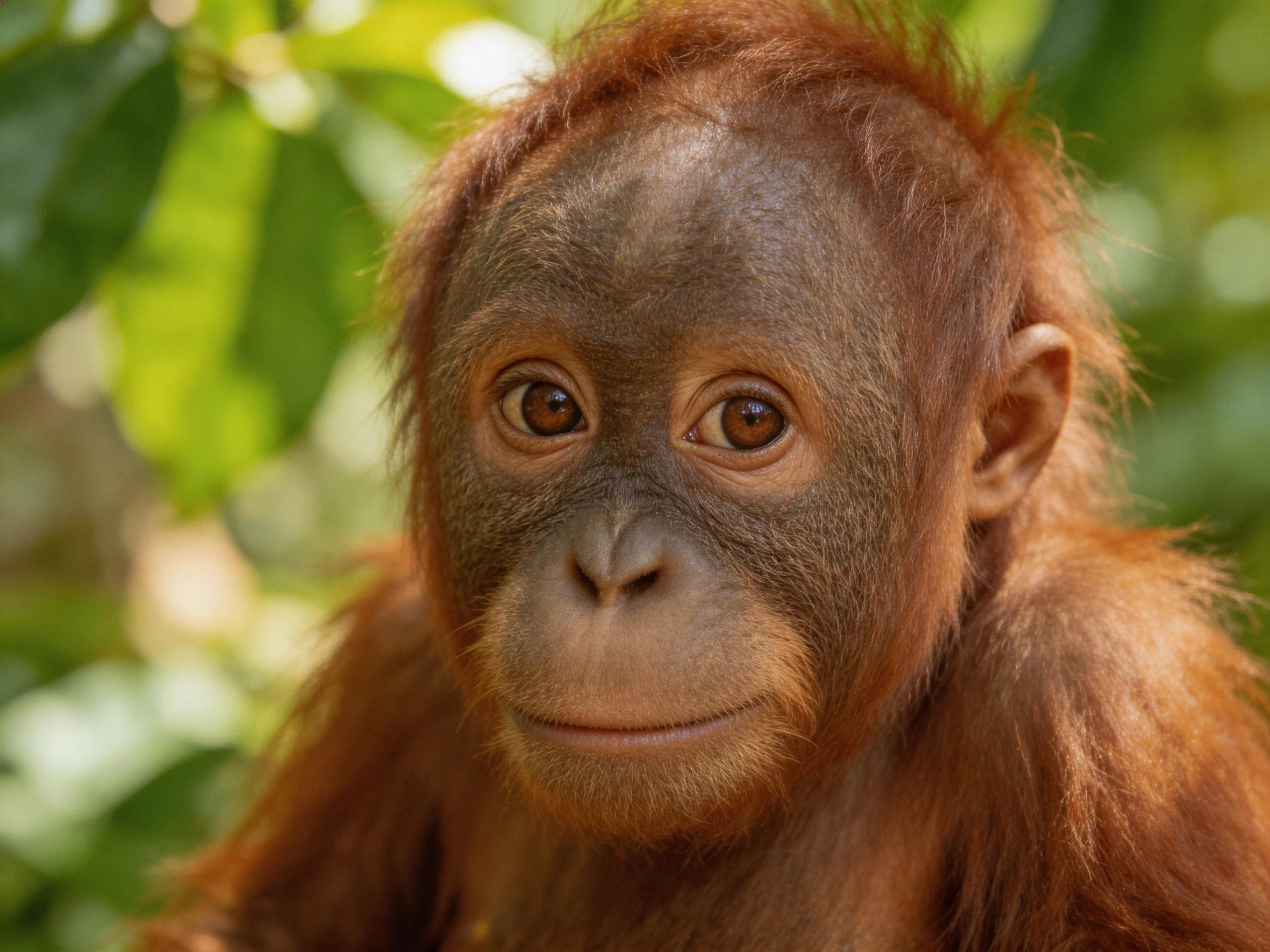 Young reddish - brown orangutan in lush green forest