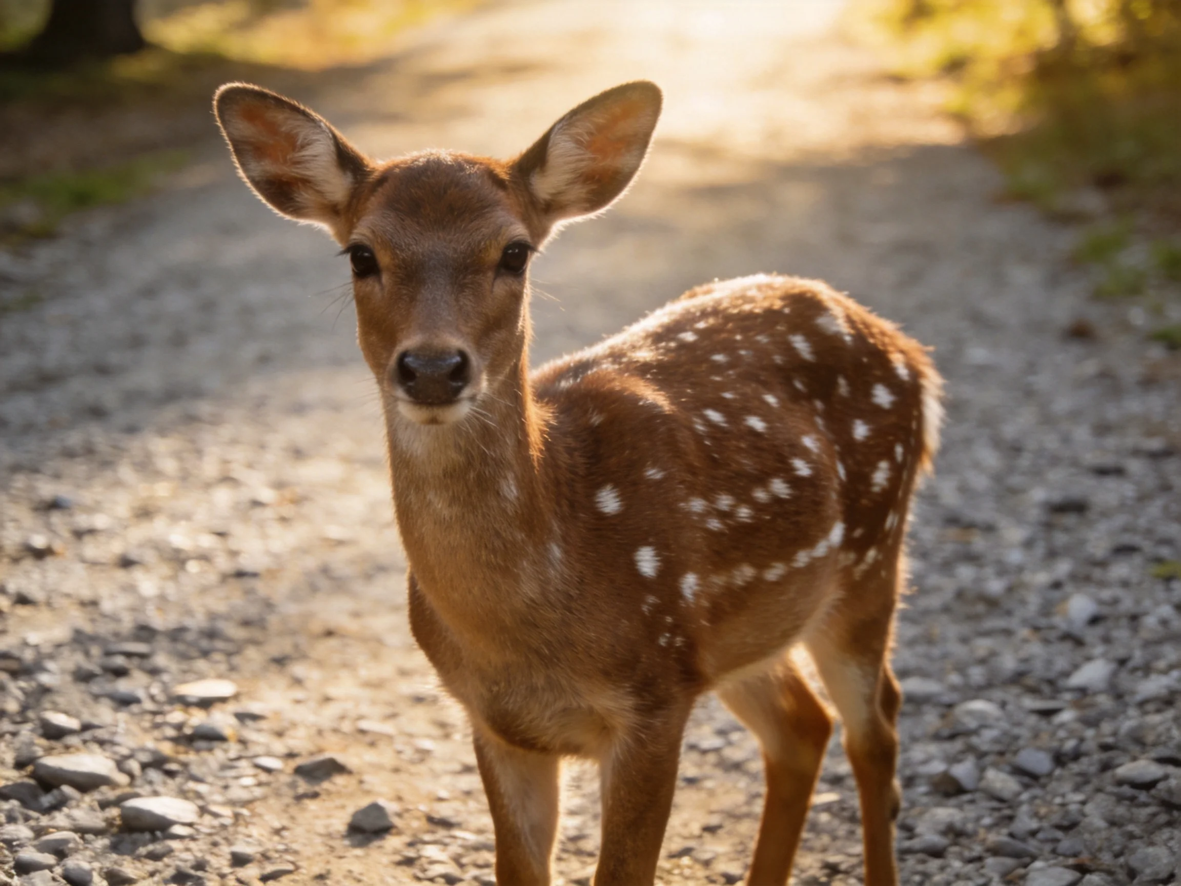 Young spotted fawn on sunlit gravel path