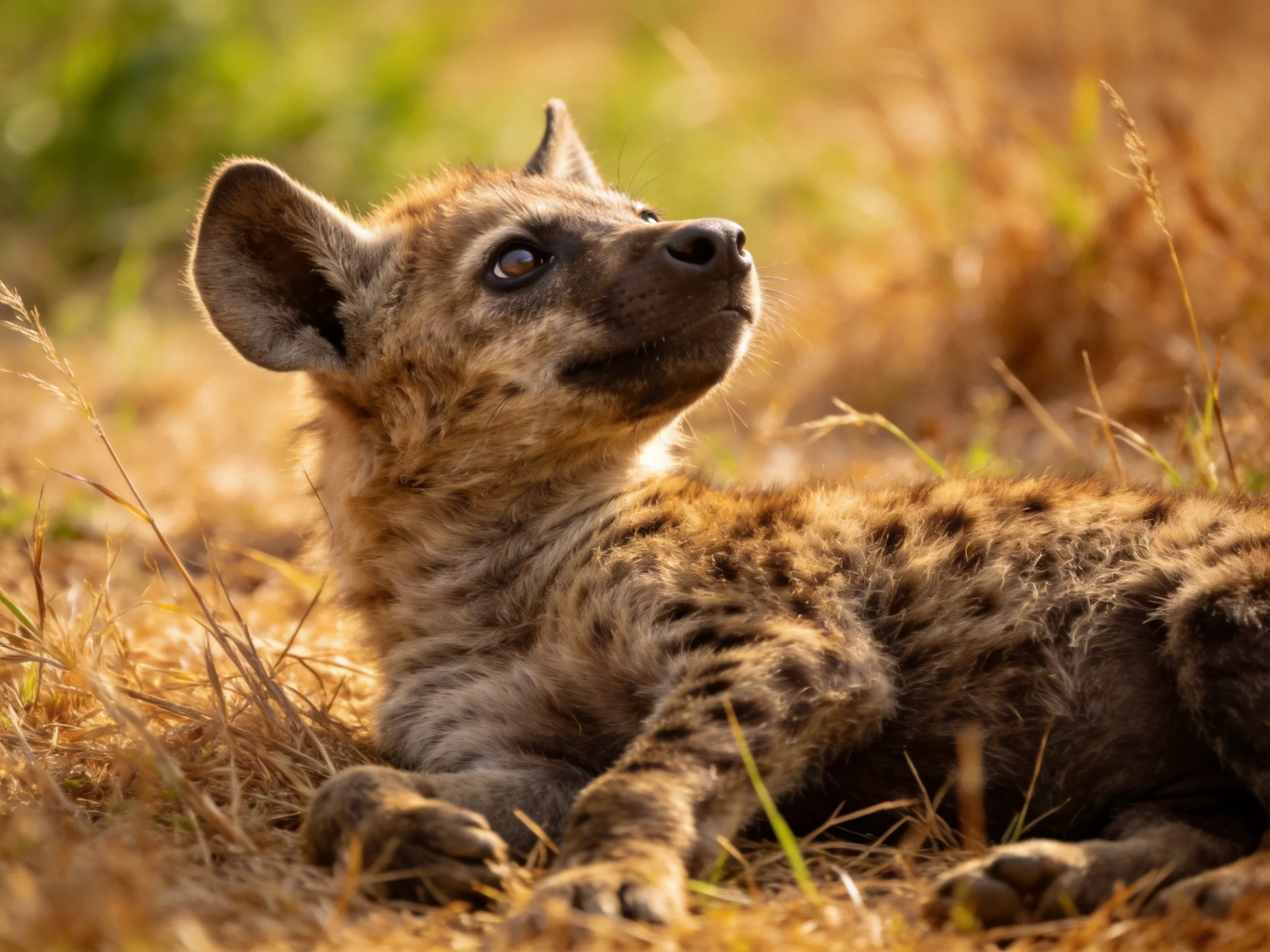 Young spotted hyena cub in golden savannah grass