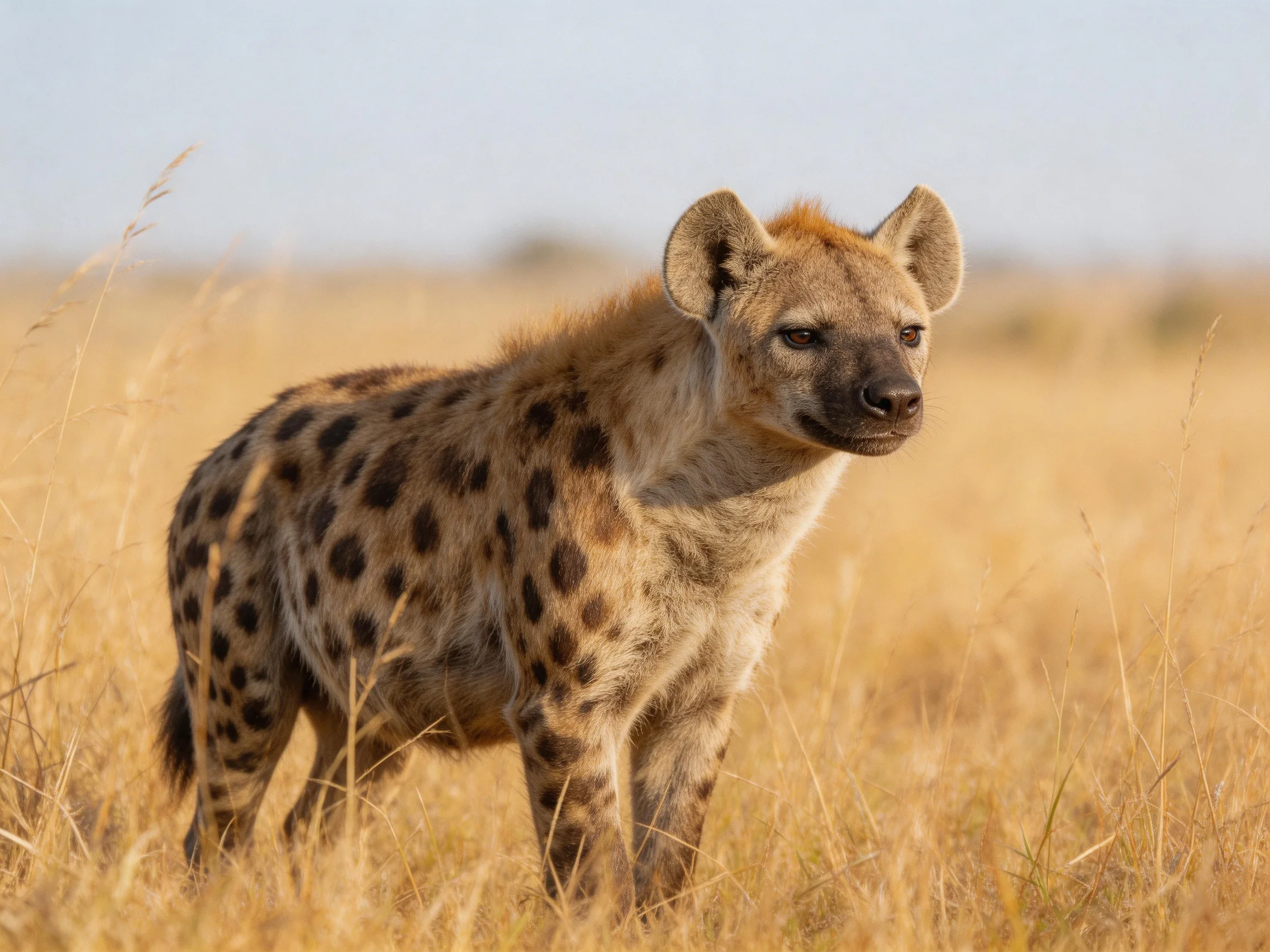 Young spotted hyena with dark spots in golden savannah grass
