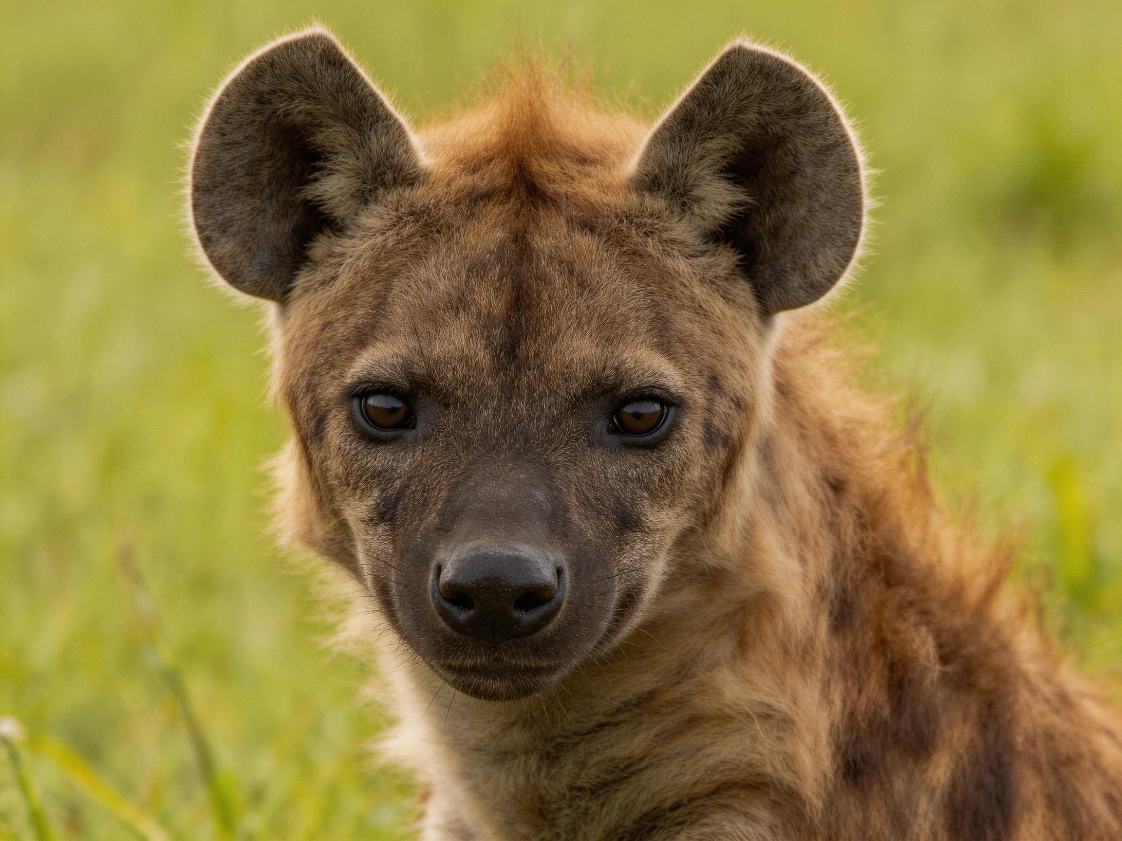 Young spotted hyena with large ears in green grassland