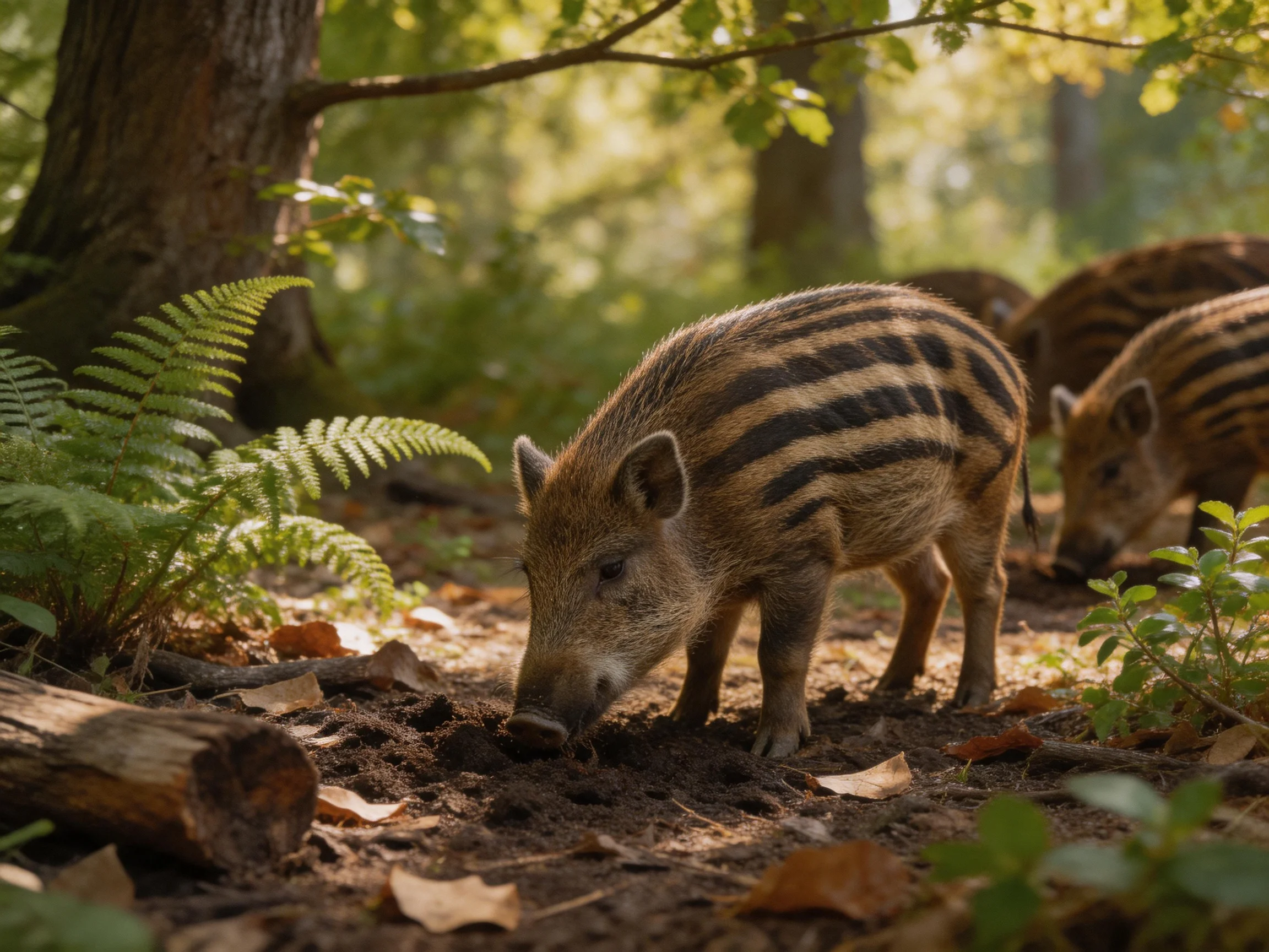 Young striped boars explore a sun-dappled forest clearing