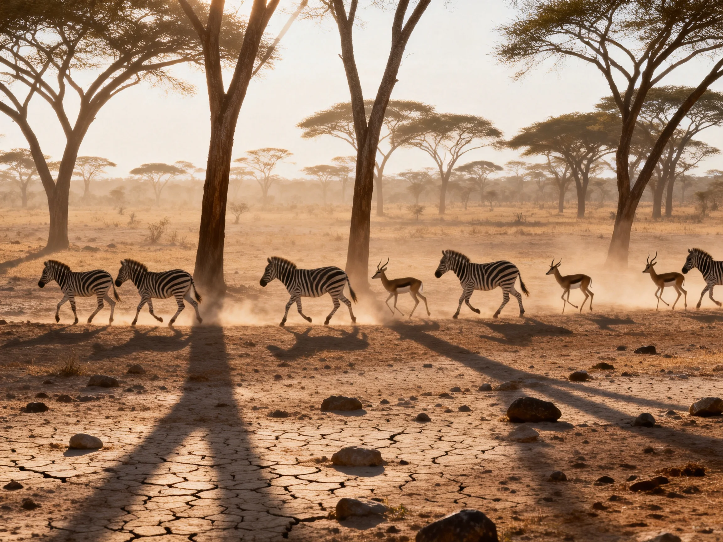 Zebras and antelopes traverse dusty savannah near acacia trees