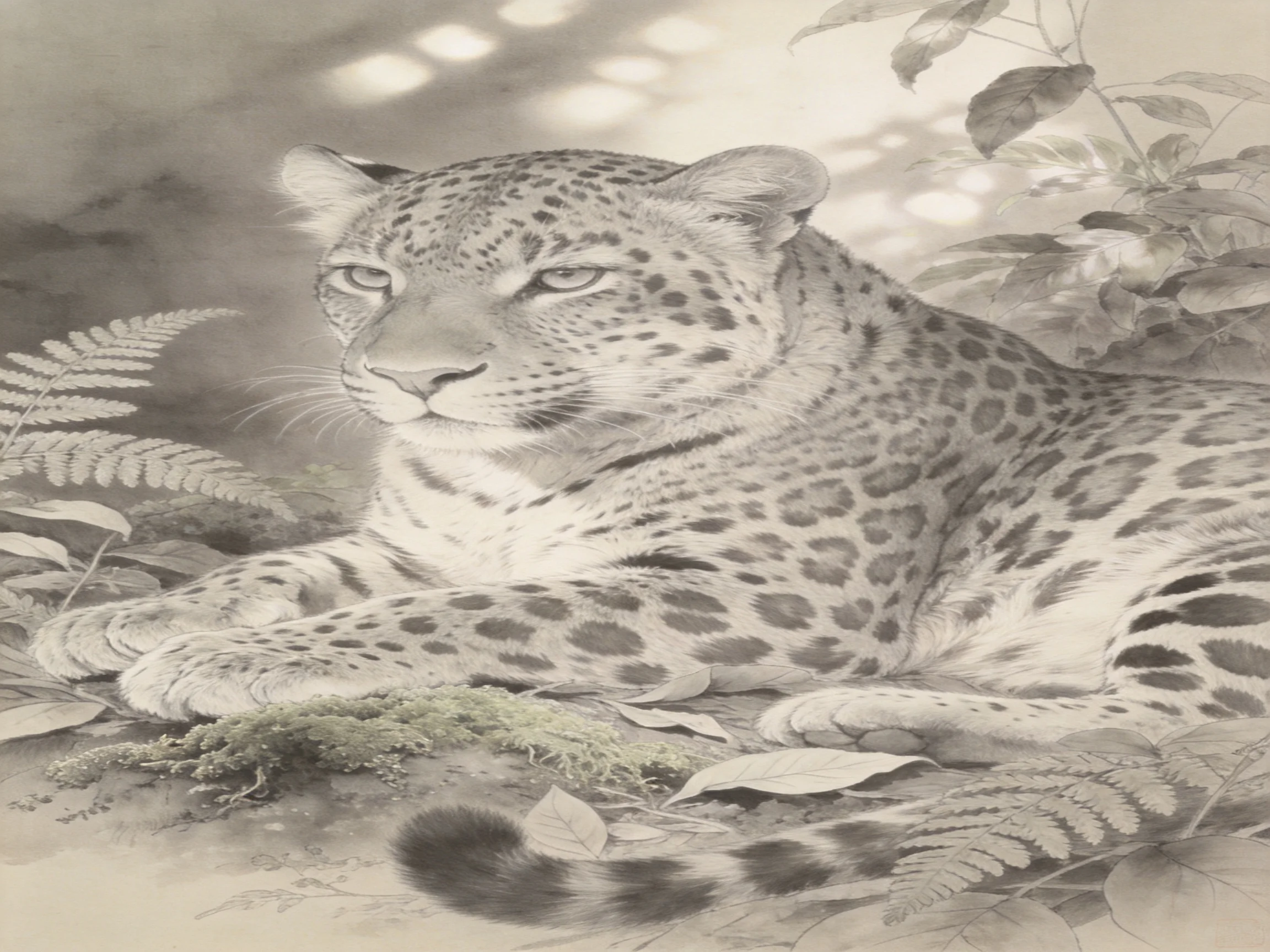 A leopard lies calmly among ferns and leafy plants in a natural setting.