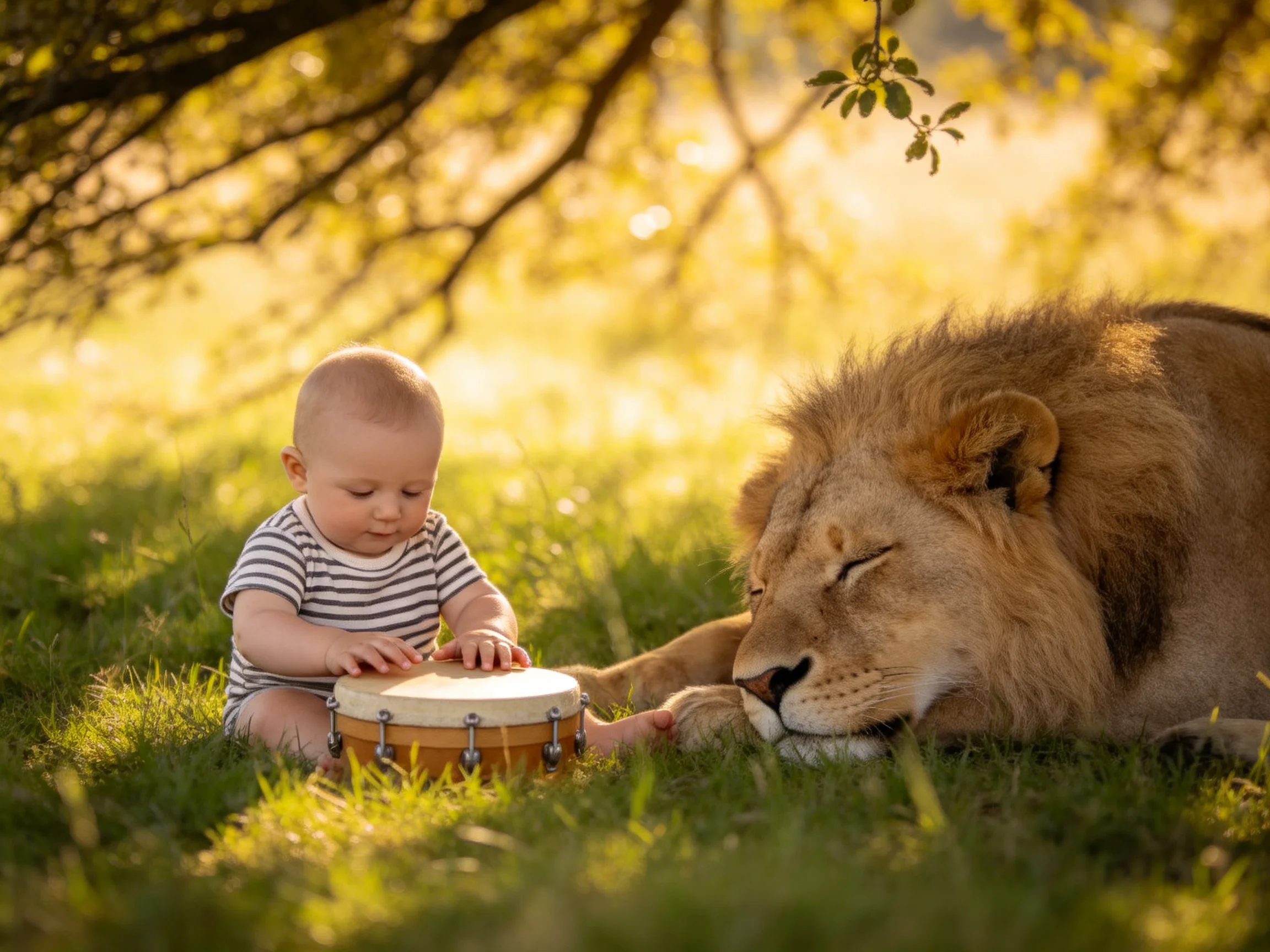 A baby plays a drum beside a resting lion in sunlit grass