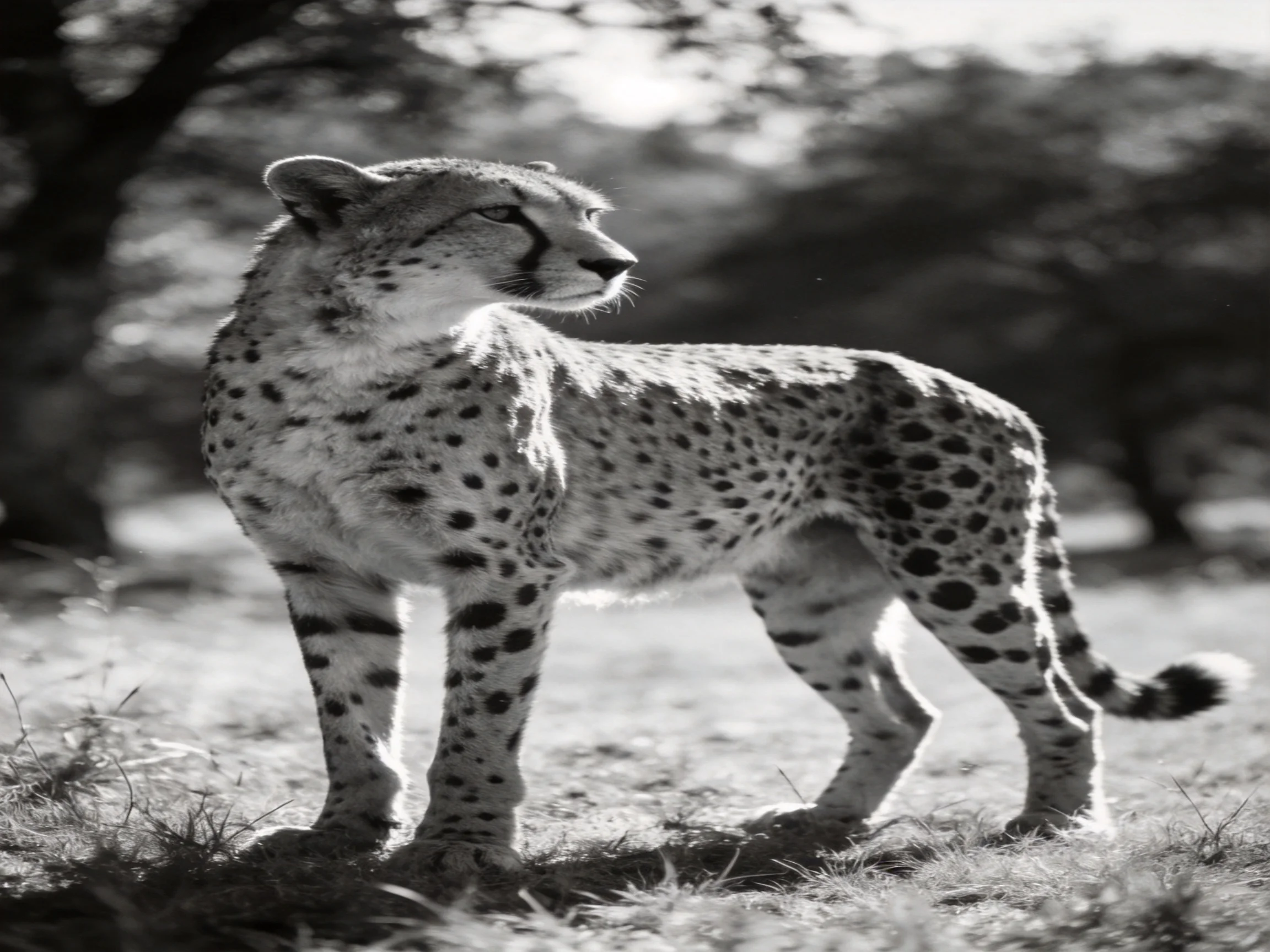 A black - and - white photograph of a cheetah with distinct spots standing outdoors