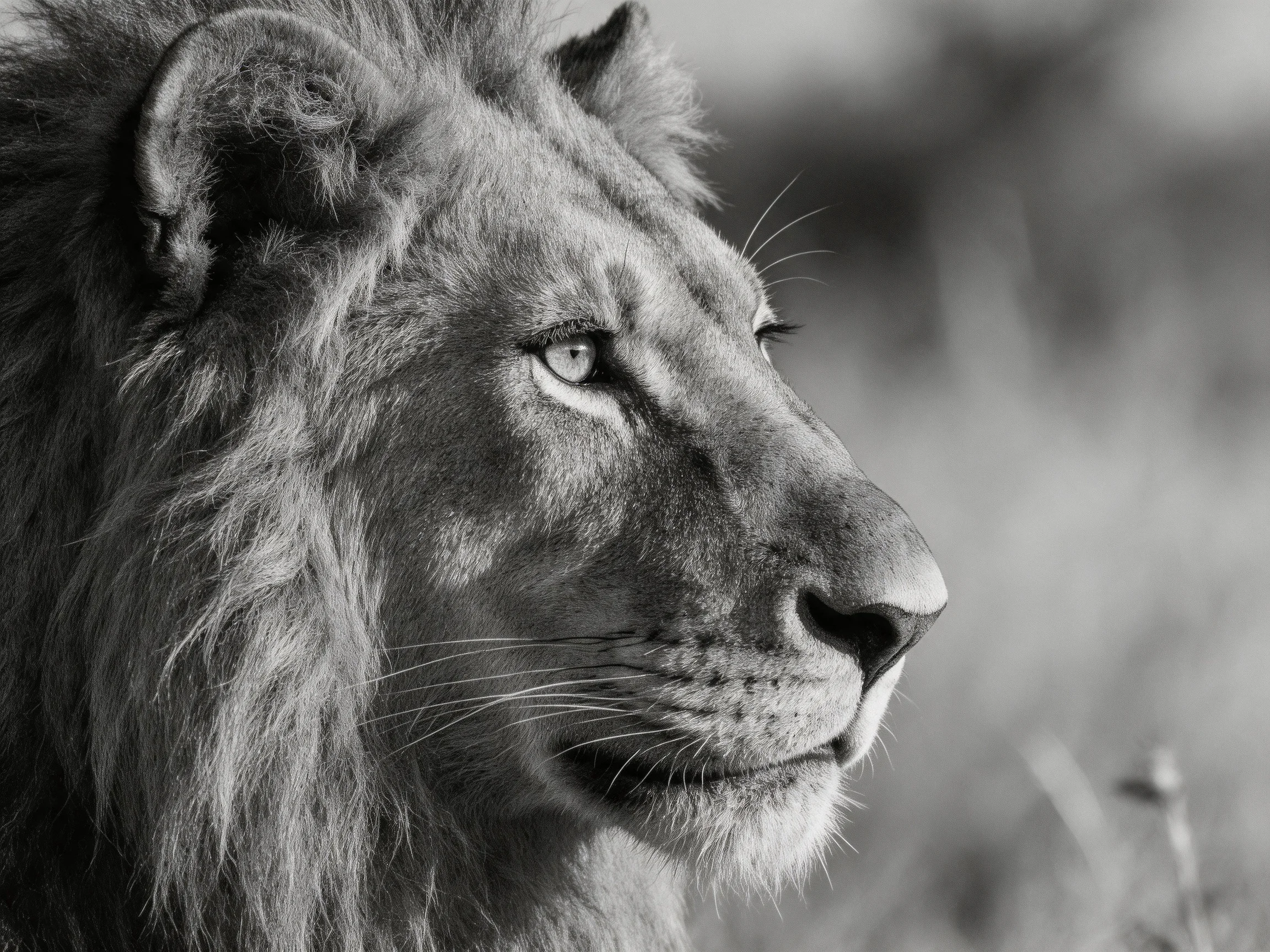 A black and white close - up of a lion’s profile highlights its facial features.