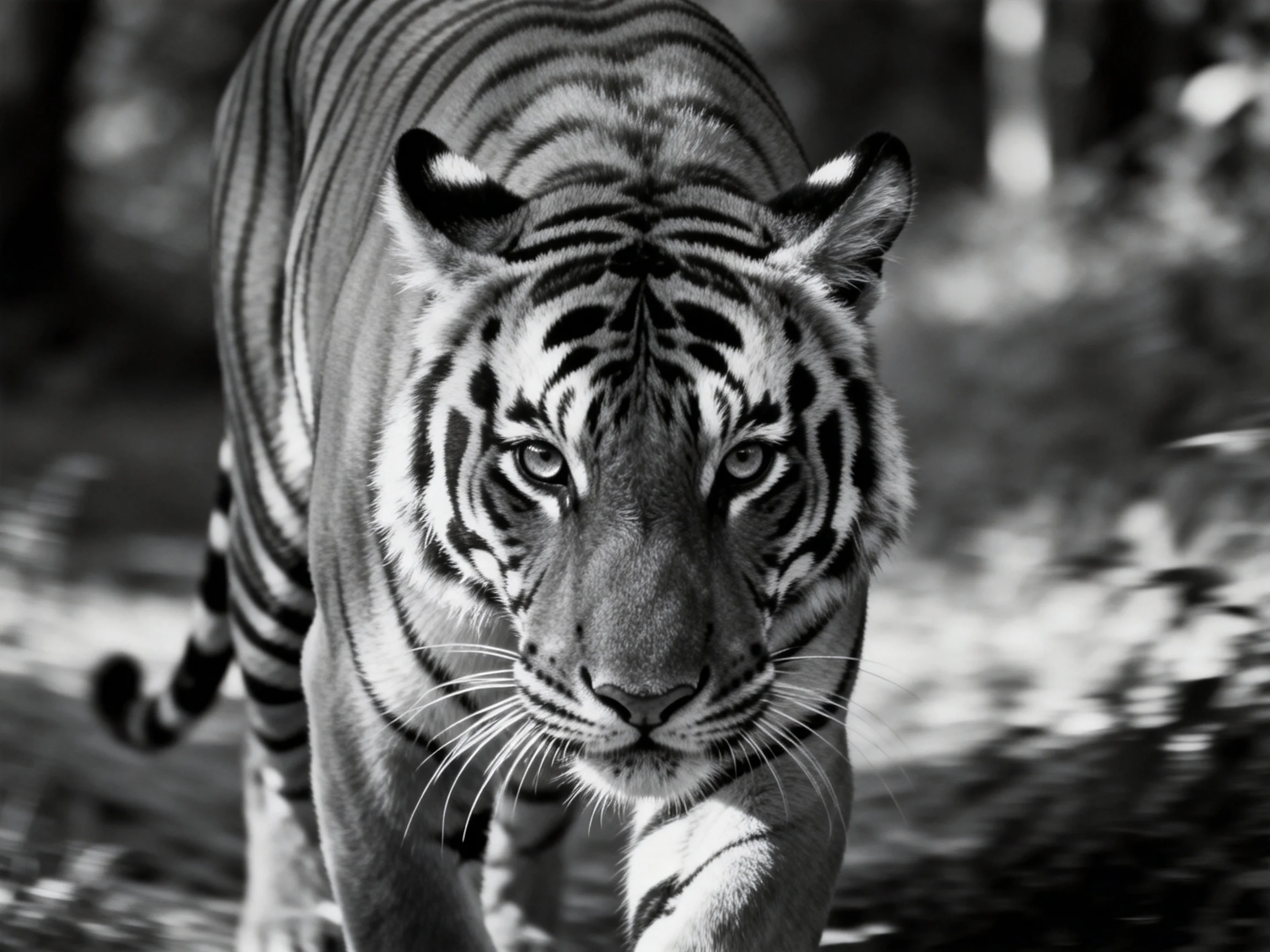 A single tiger with bold stripes is depicted in a close - up photograph.