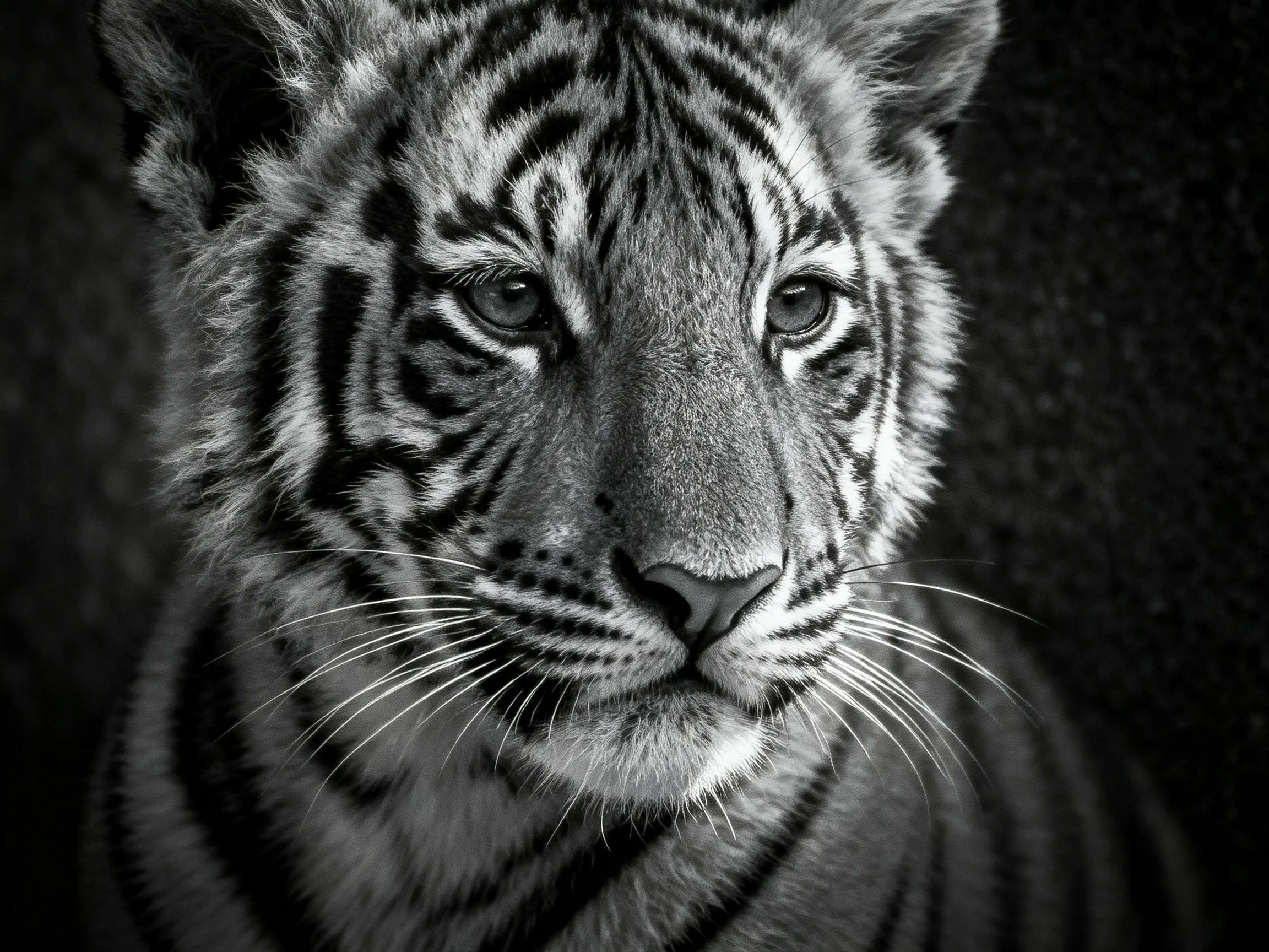 A black and white close - up displays a young tiger cub’s expressive face.