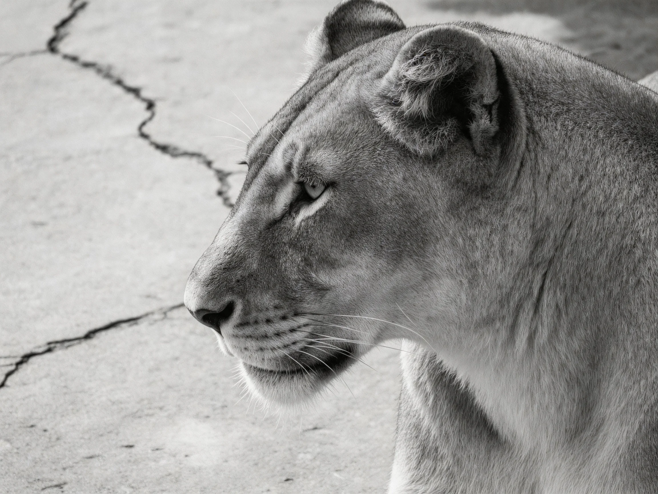 A black-and-white image shows a lioness in profile beside cracked pavement.