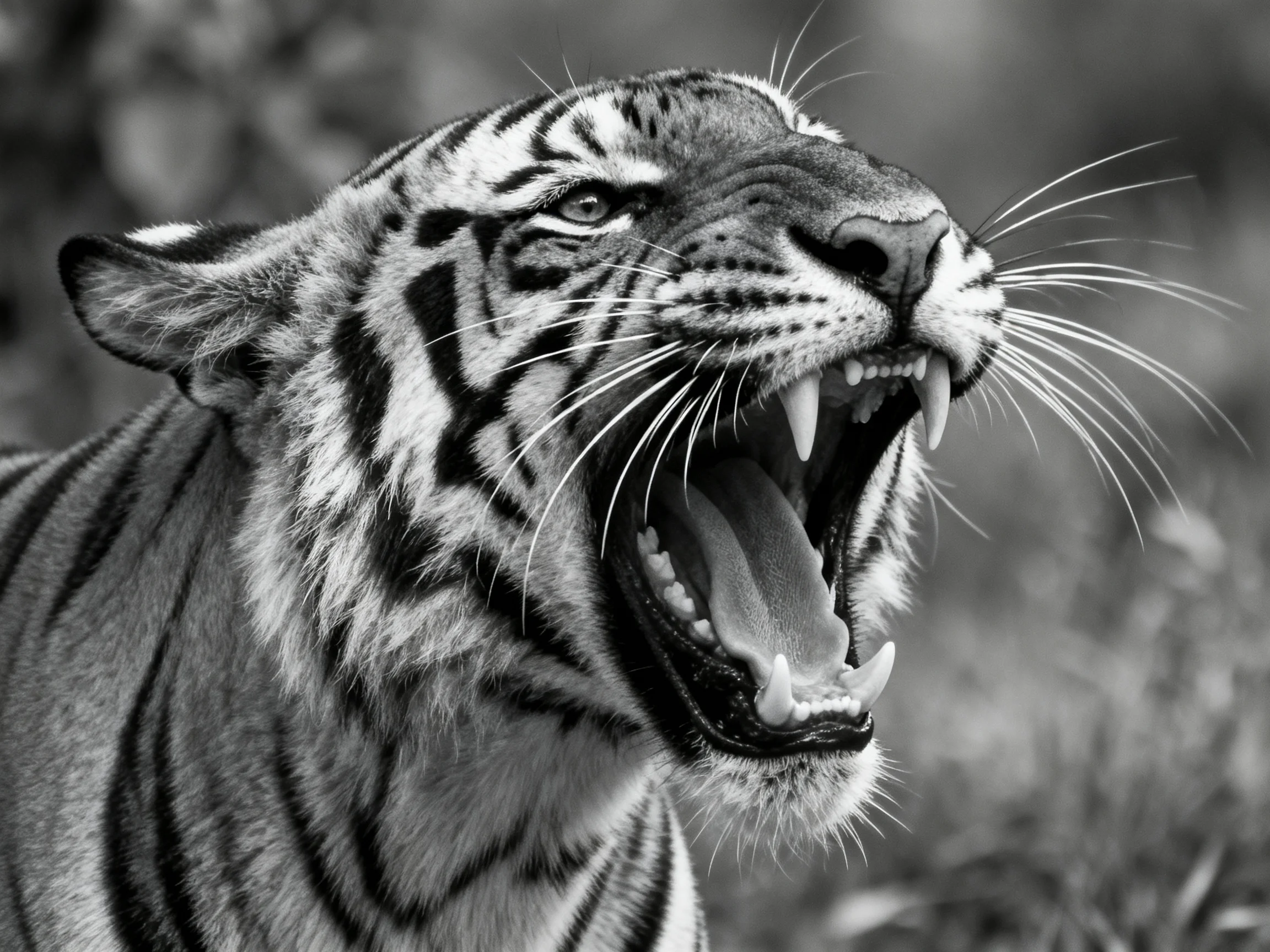 A black-and-white photo shows a tiger roaring with mouth open.