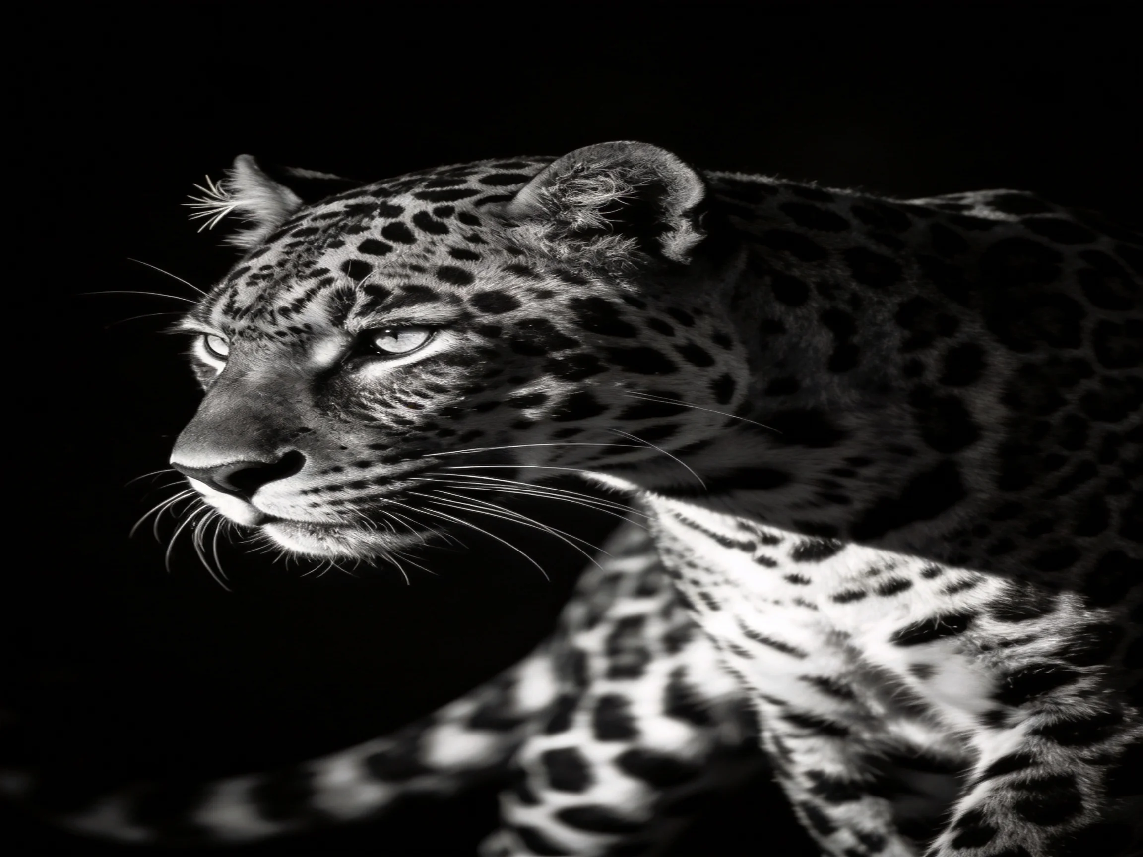 A black and white leopard highlights its spotted coat and bright eyes.