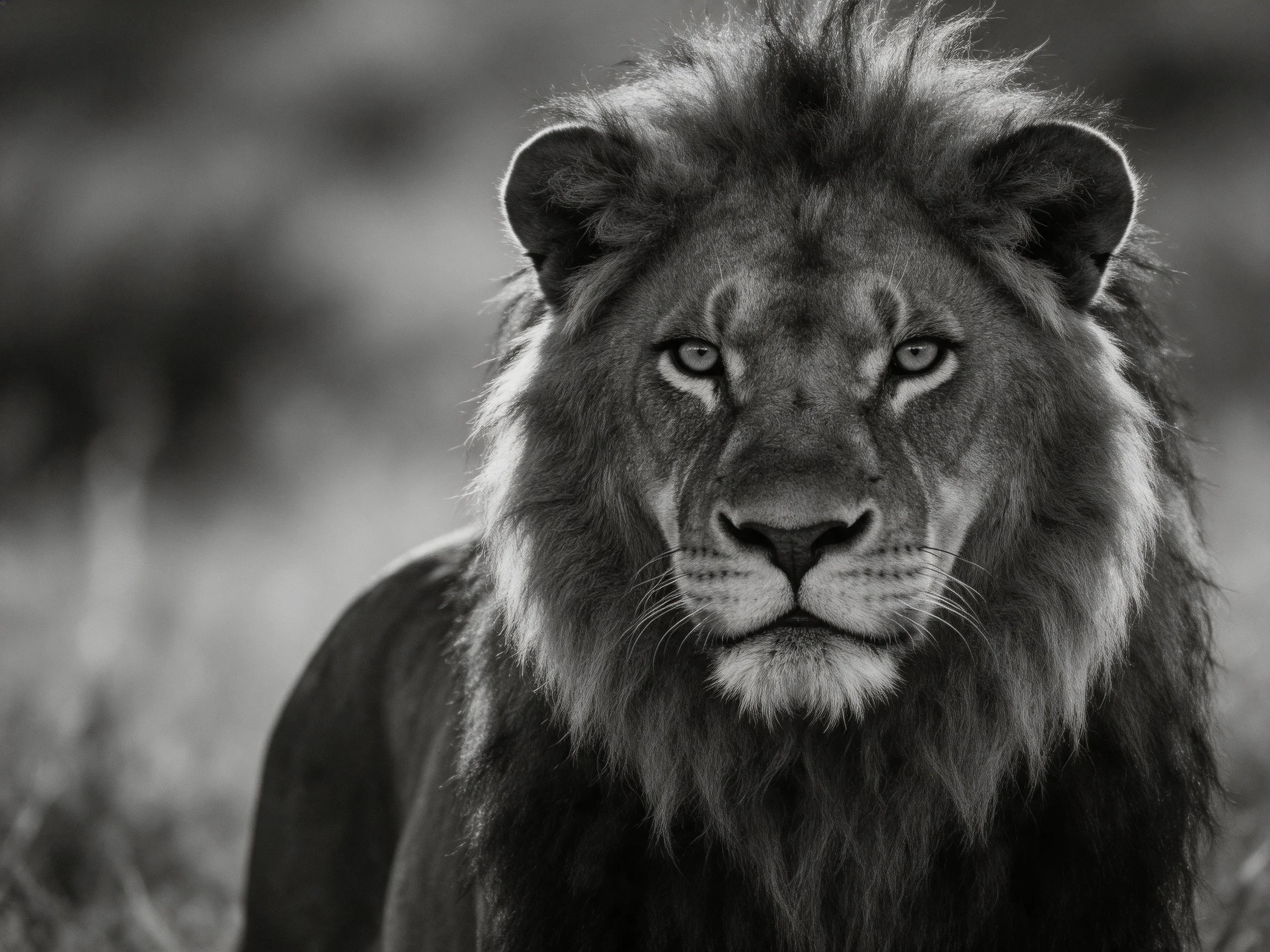 A black-and-white image of a lion with a thick mane.