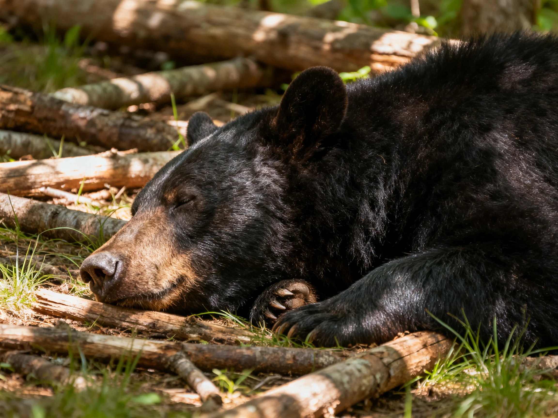 A black bear rests amid logs in a sunlit forest.