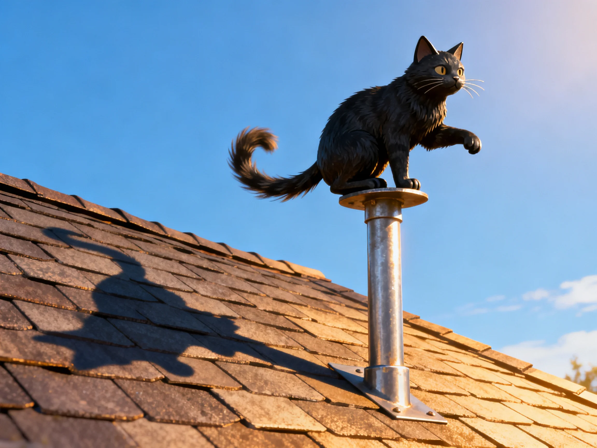 A black cat statue sits atop a metallic roof vent on a shingled roof.