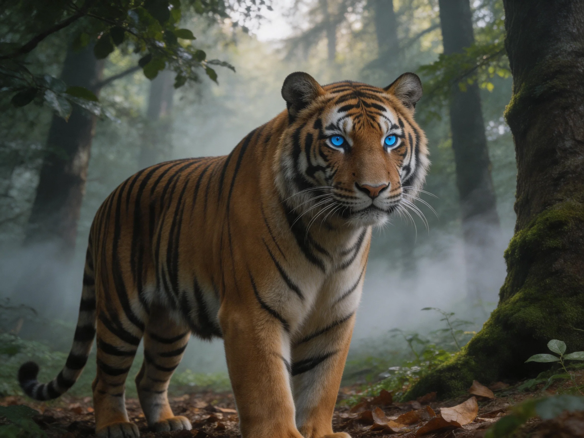 A blue-eyed tiger moves through a misty forest with tall trees.