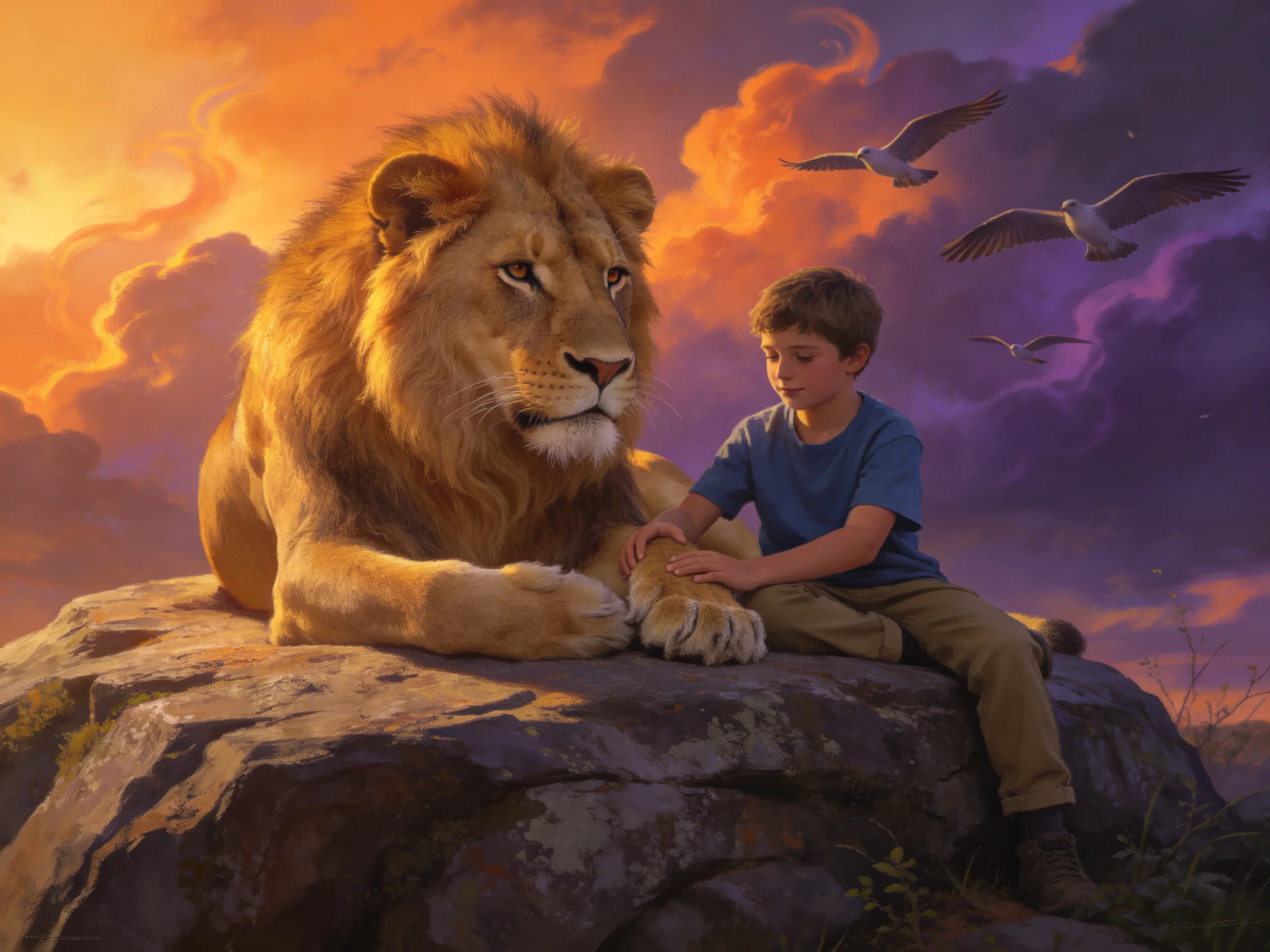 A boy and a large golden lion rest on a rock amid a colorful sunset sky
