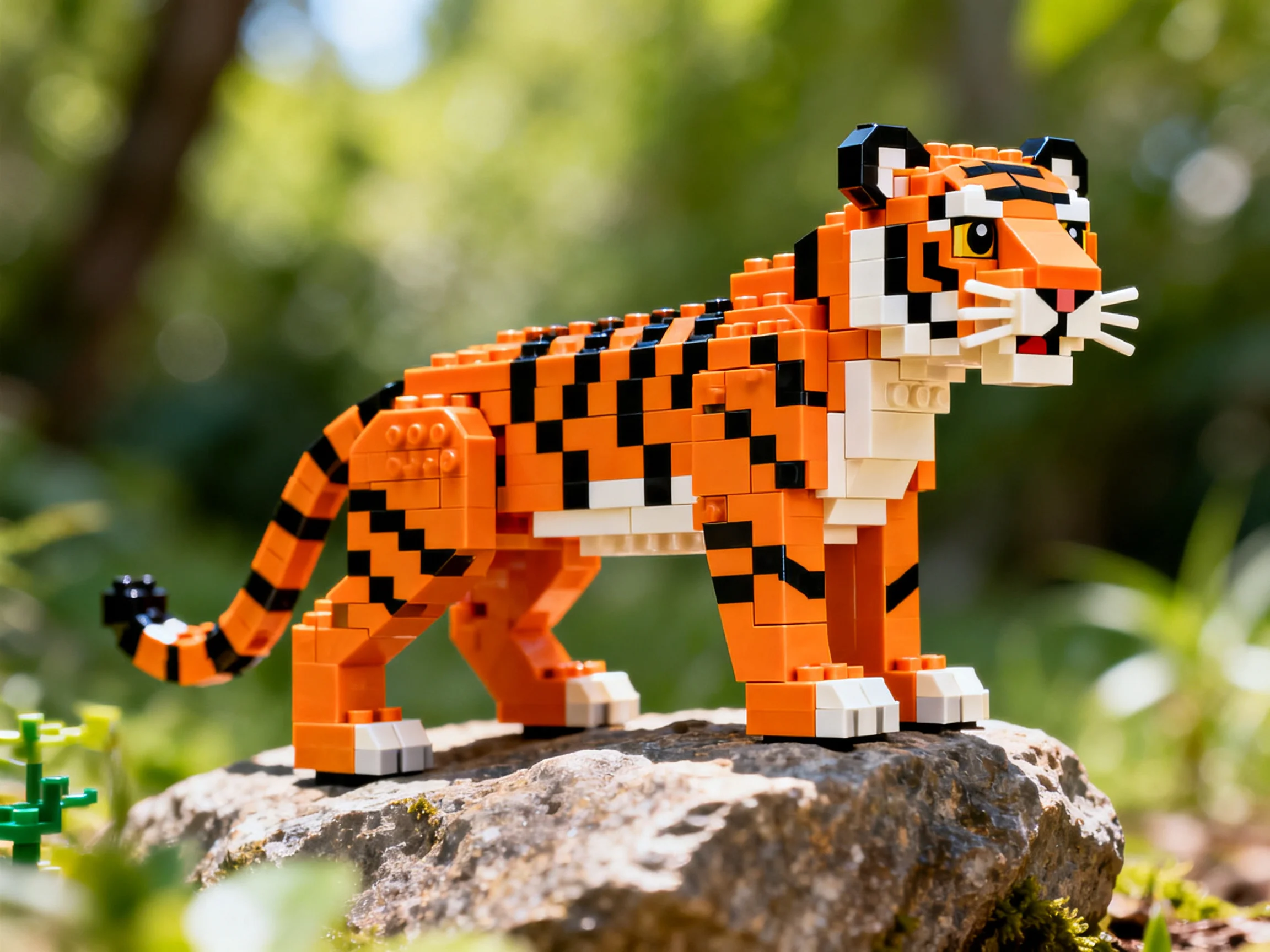 A LEGO tiger figurine stands on a rock in a natural outdoor setting.