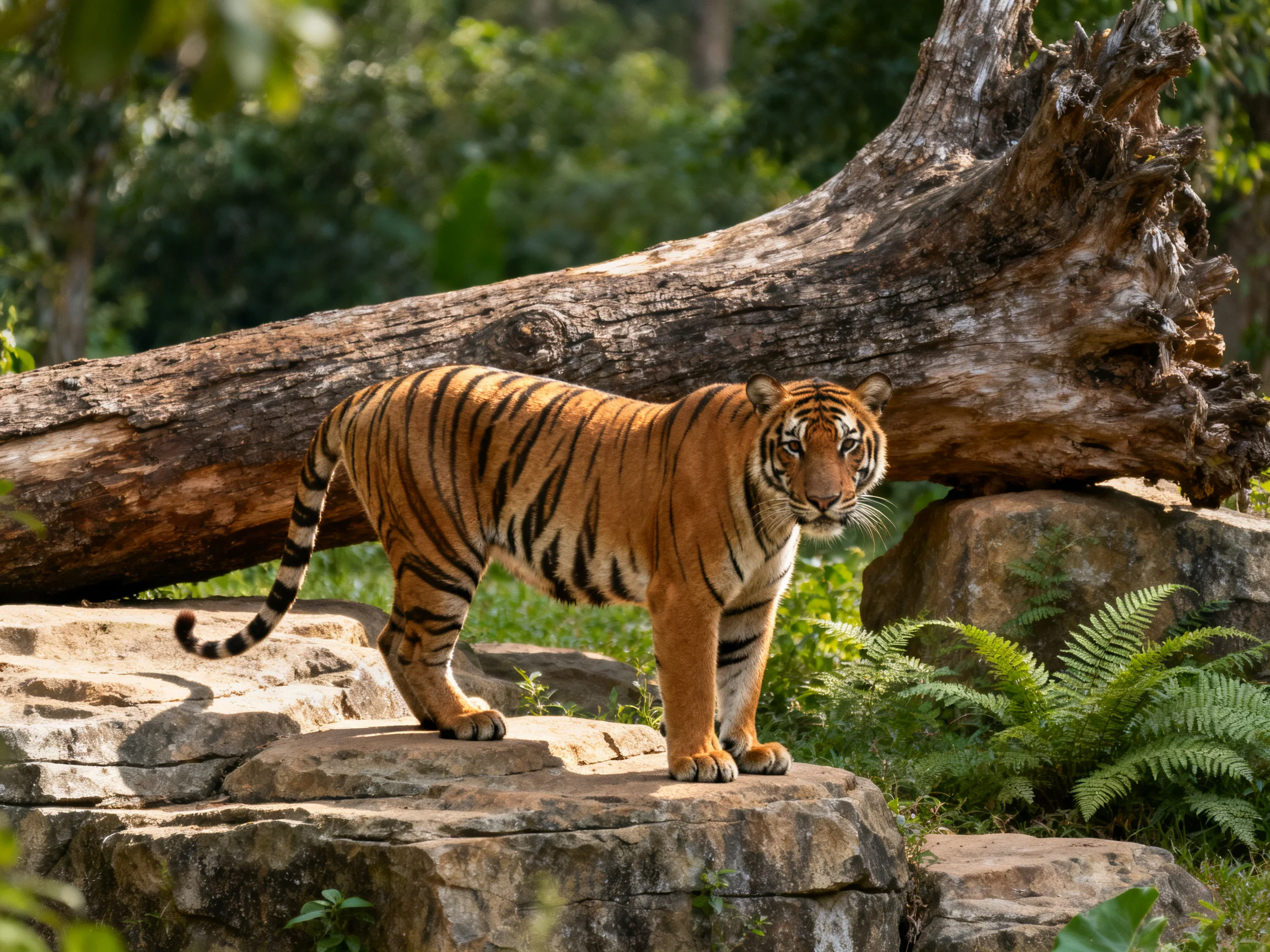 An orange tiger with black stripes stands on rocks beside a large fallen log.