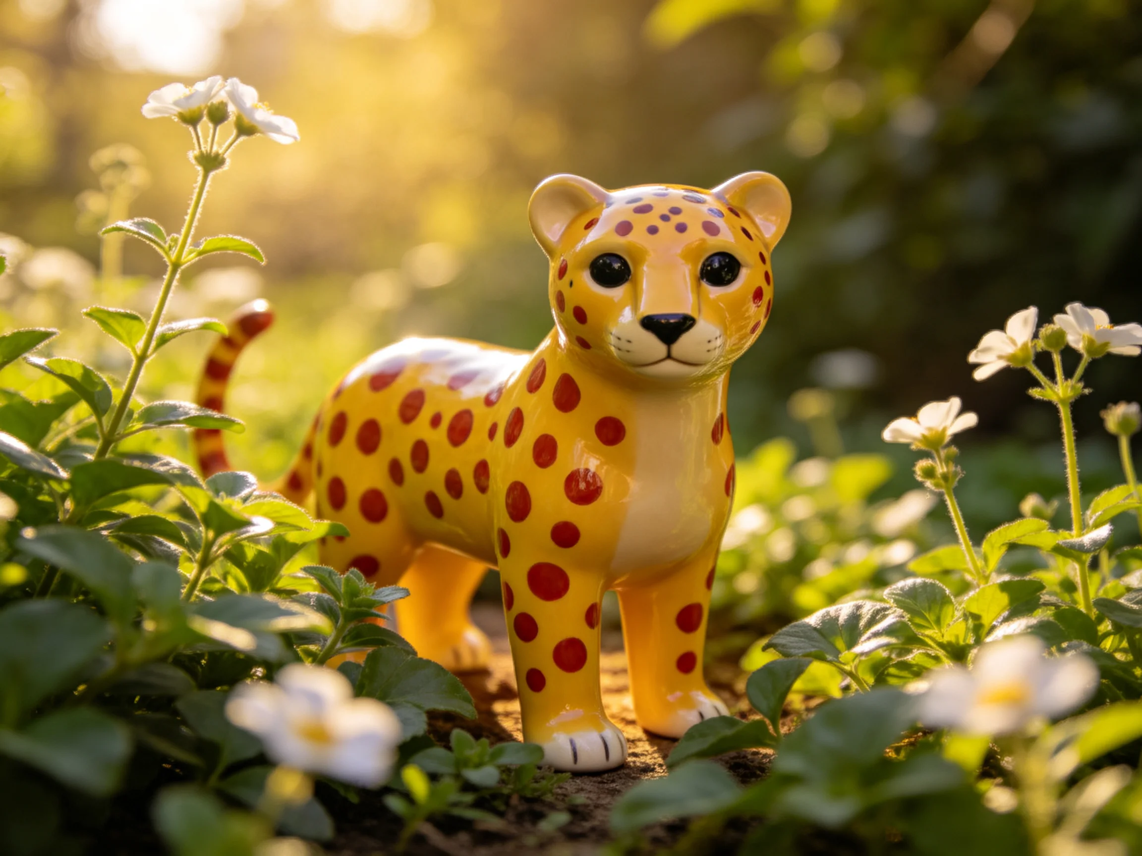 A yellow leopard figurine with red spots stands among white flowers in a sunlit garden.