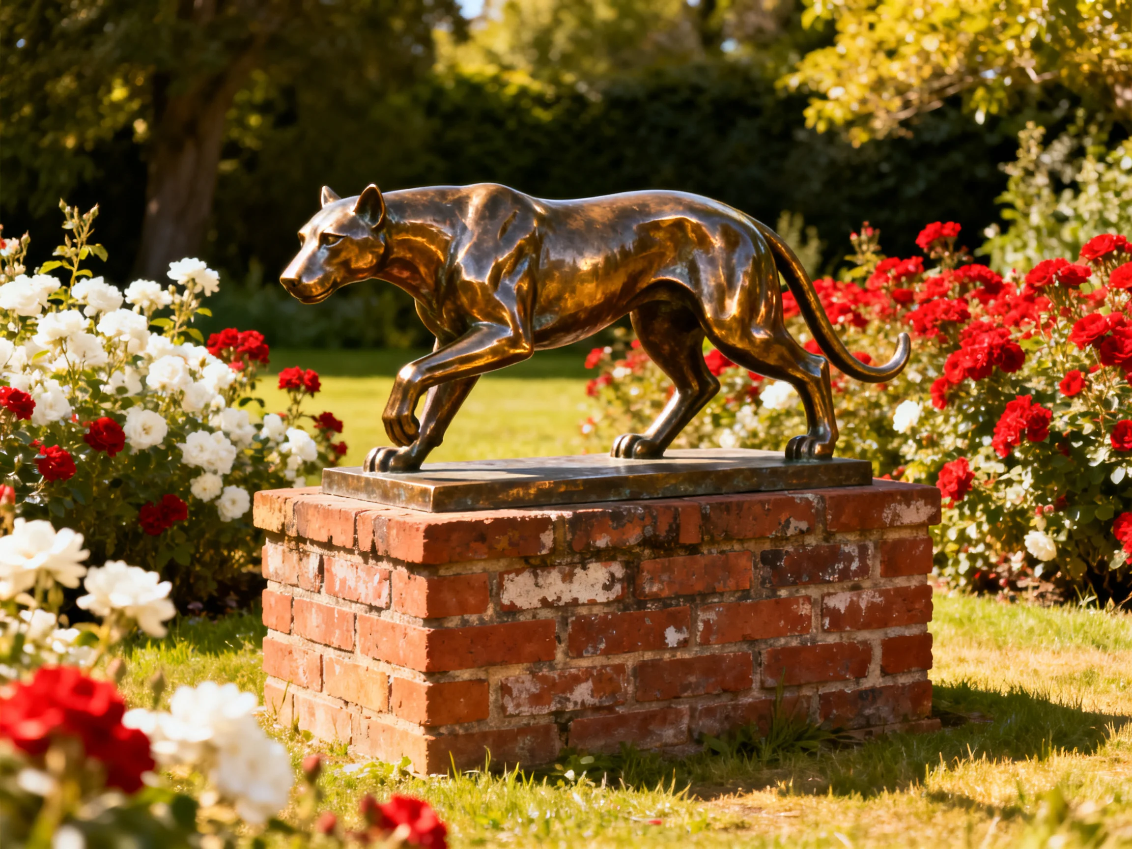 A bronze panther statue sits on a brick pedestal surrounded by vibrant flowers in a sunlit garden.