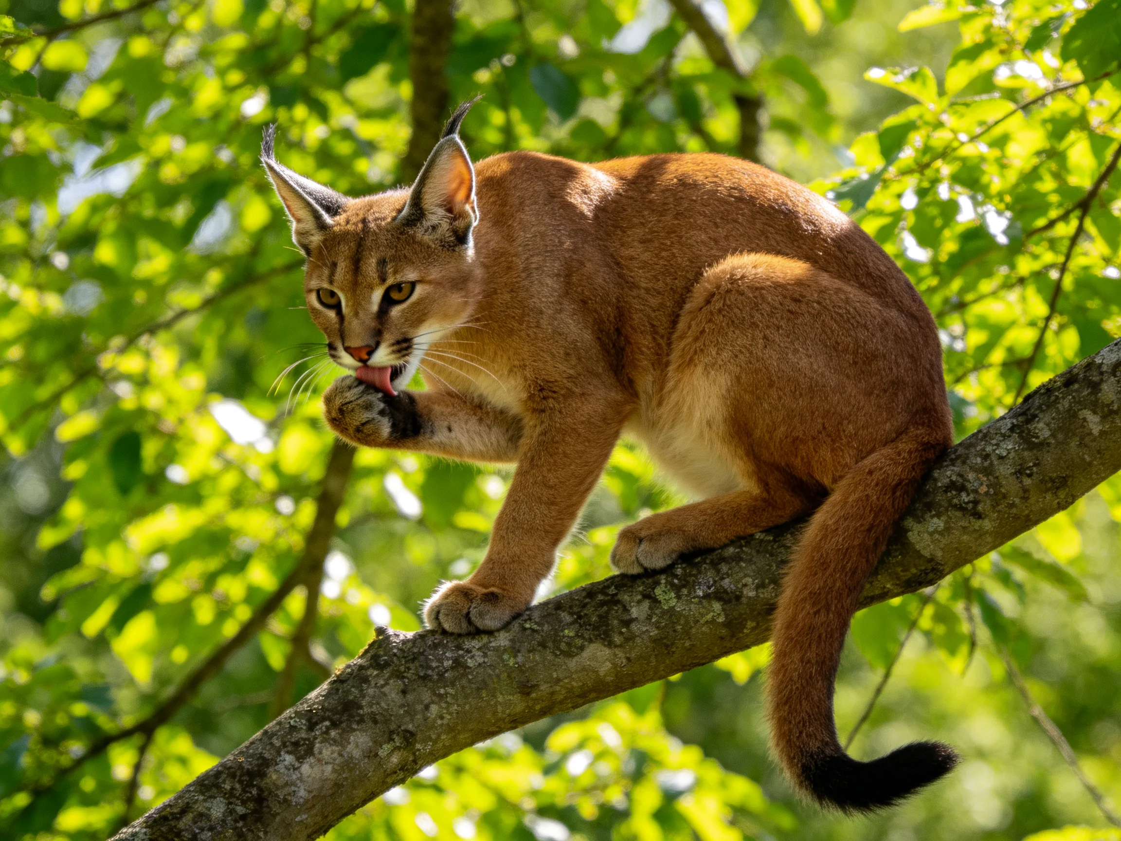 A brown caracal grooms itself on a tree branch.