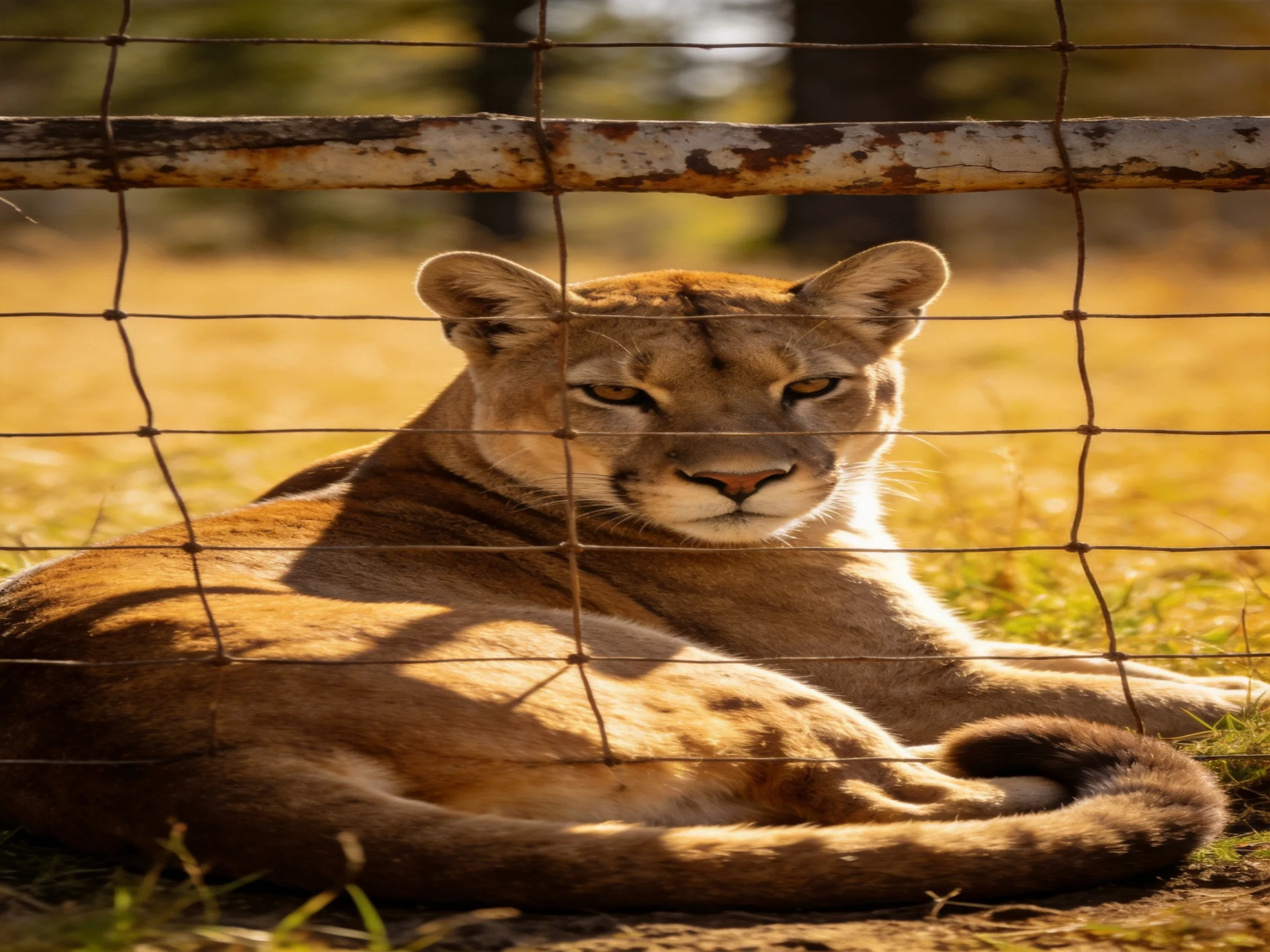 A brown cougar rests near a rusty wire fence in sunny terrain