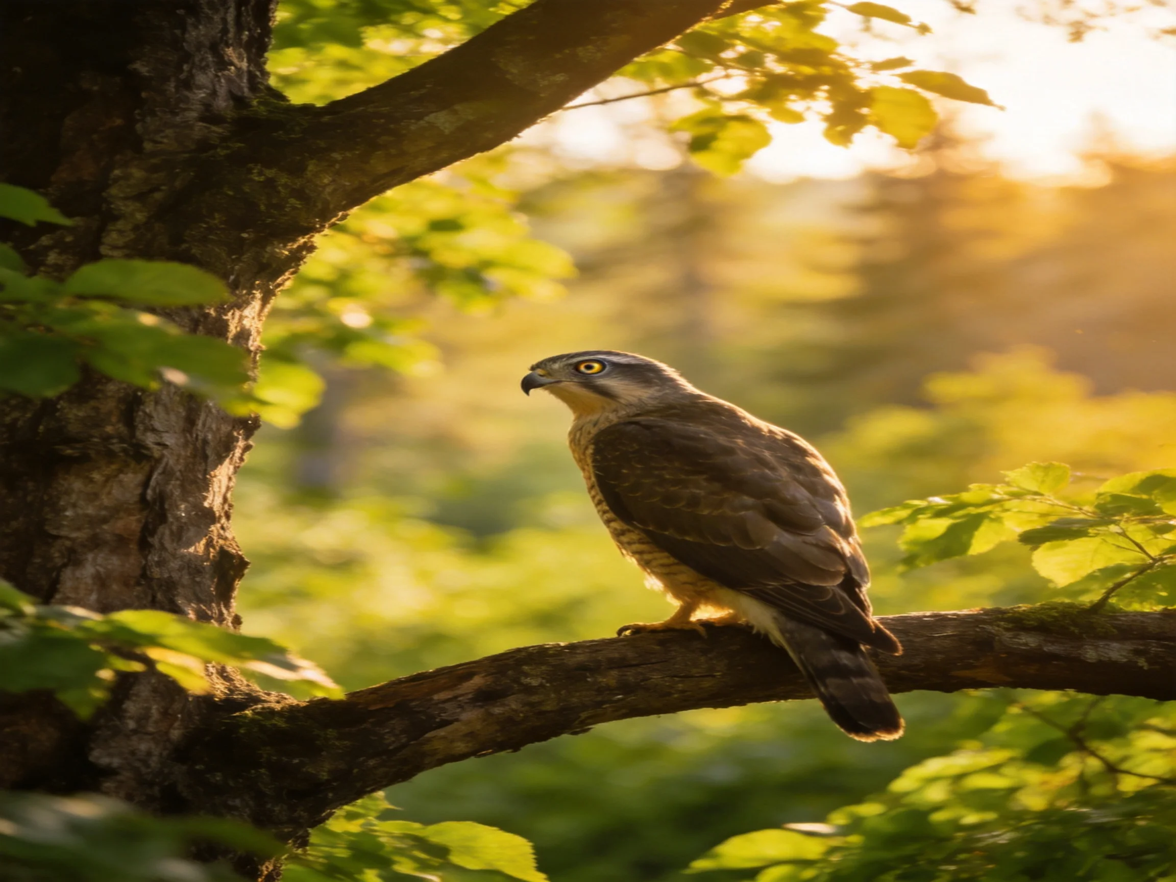 A brown hawk sits on a tree branch in a sunlit forest