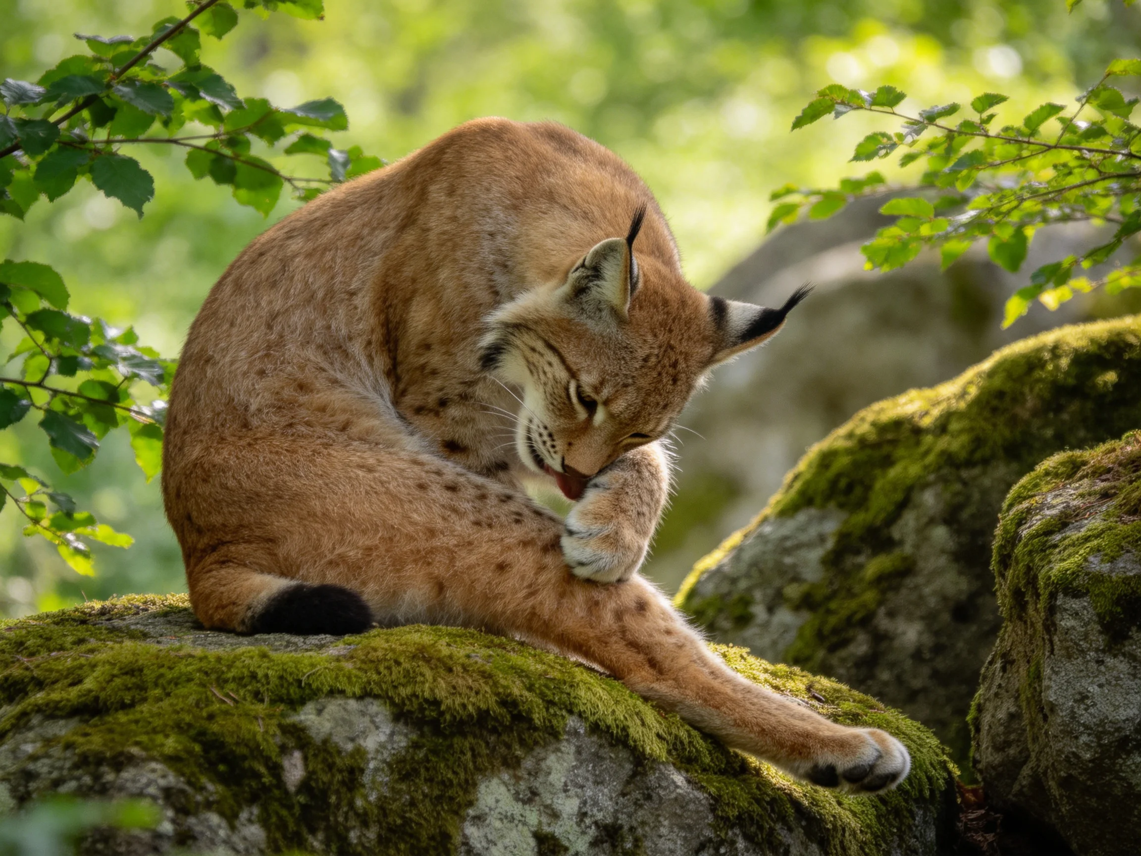A brown lynx grooming itself on moss-covered rocks amid lush green foliage