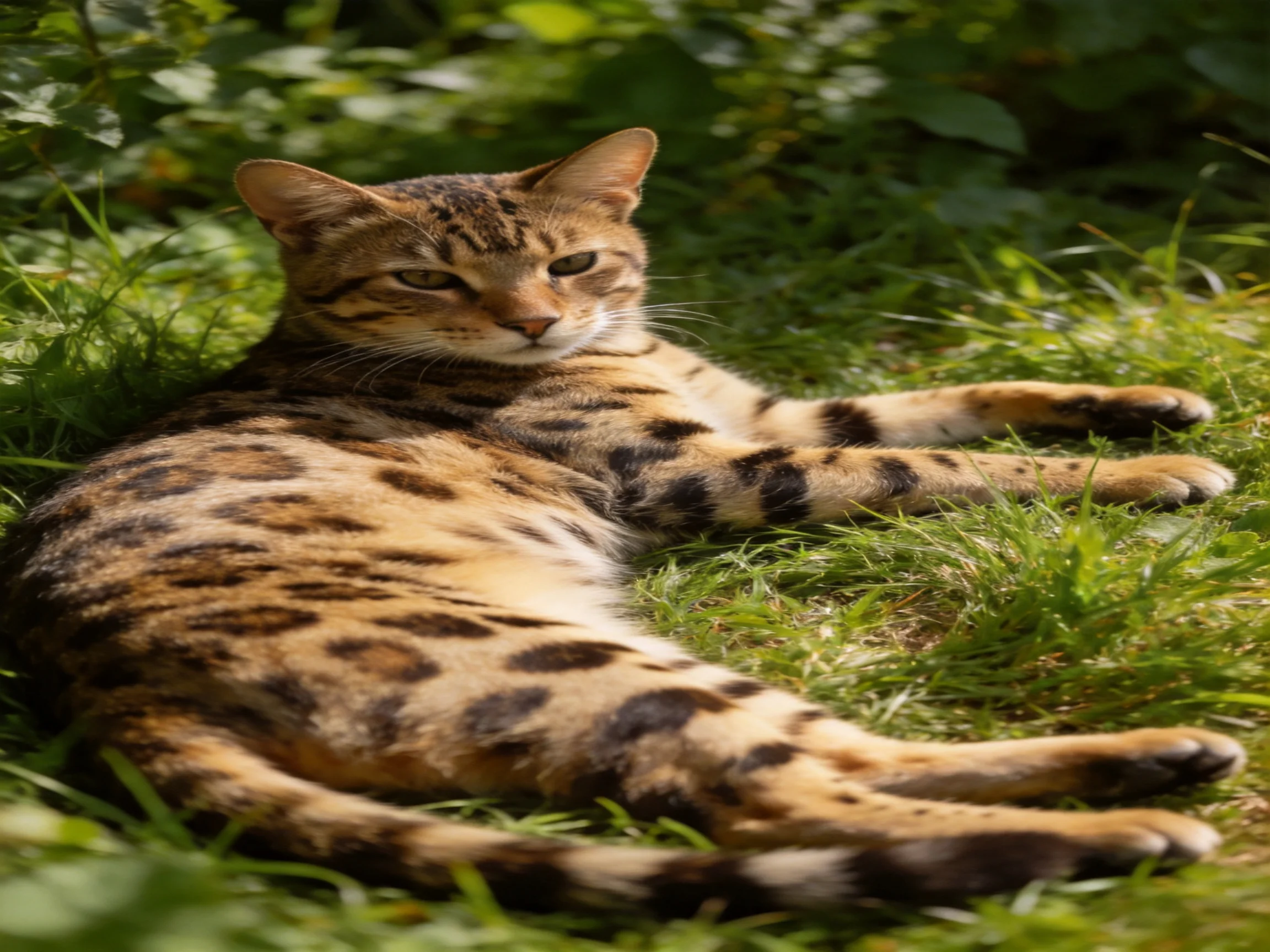 A brown-spotted cat relaxes on grass in a sunlit outdoor space.
