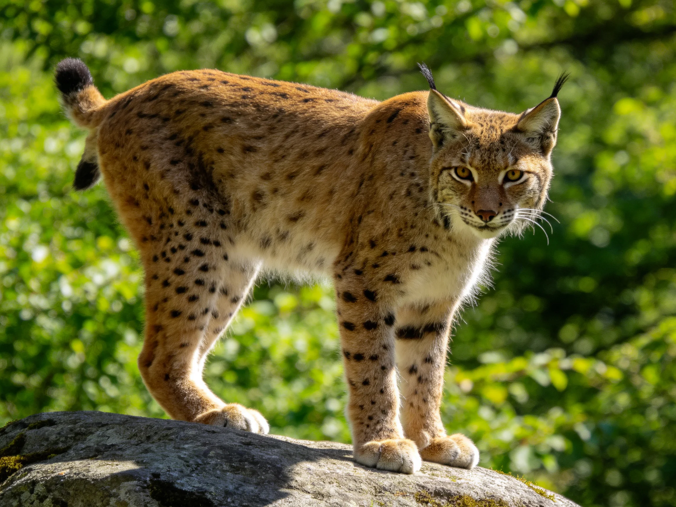 A brown-spotted lynx stands on a rock in a sunlit forest