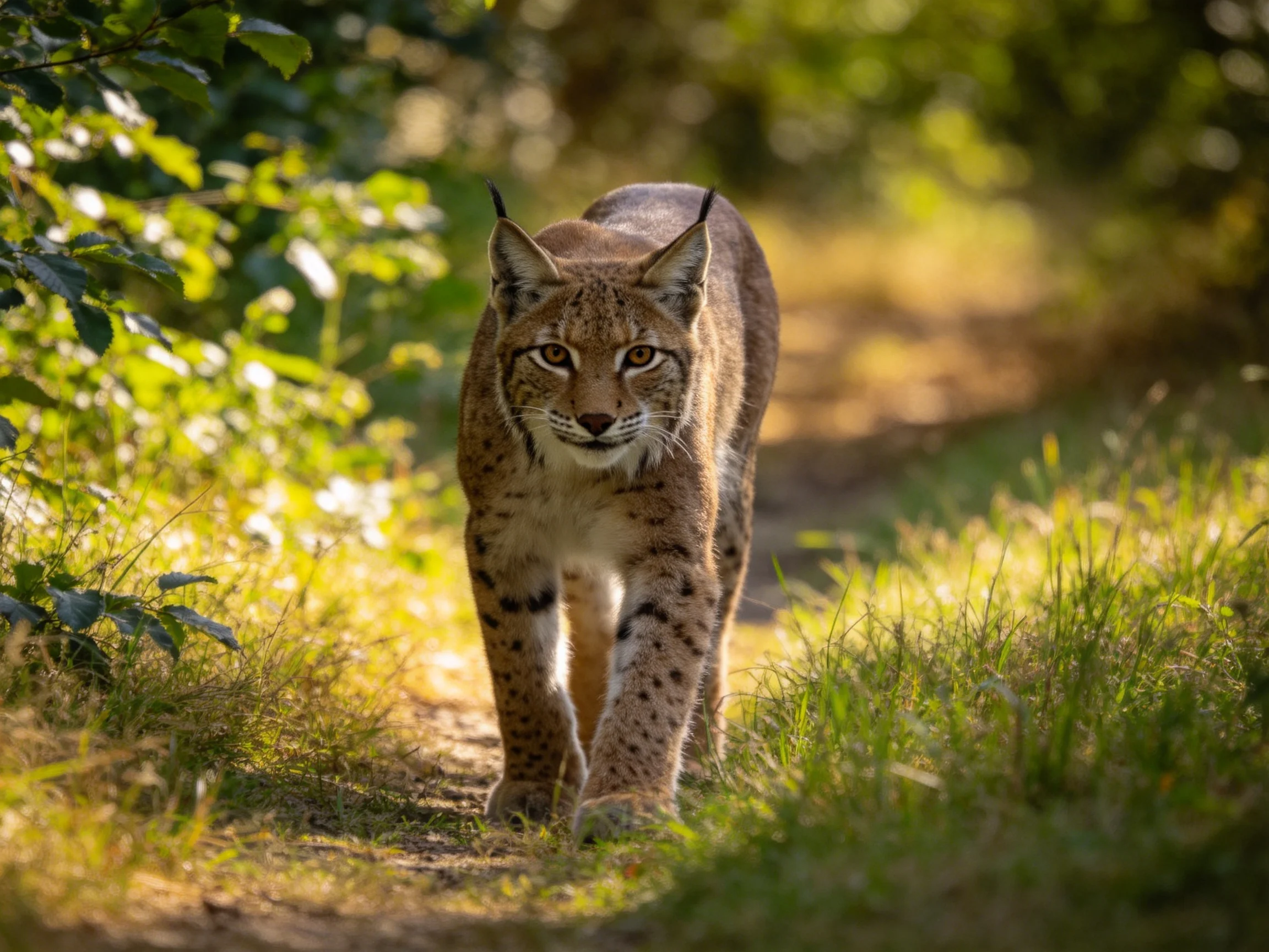 A brown-spotted lynx moves on a sunlit forest path.