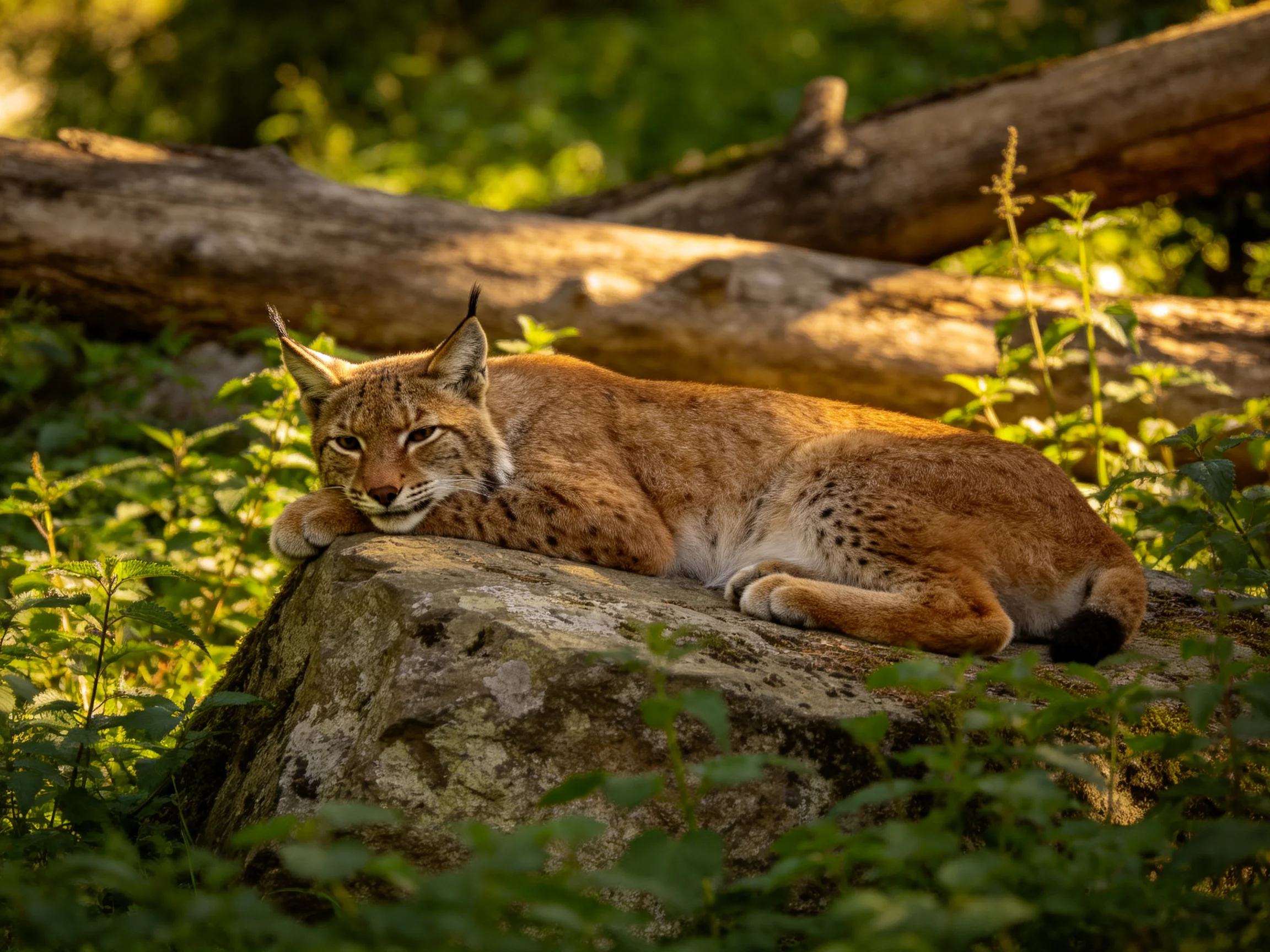 A wildcat relaxes on a rock among forest elements like logs and foliage.