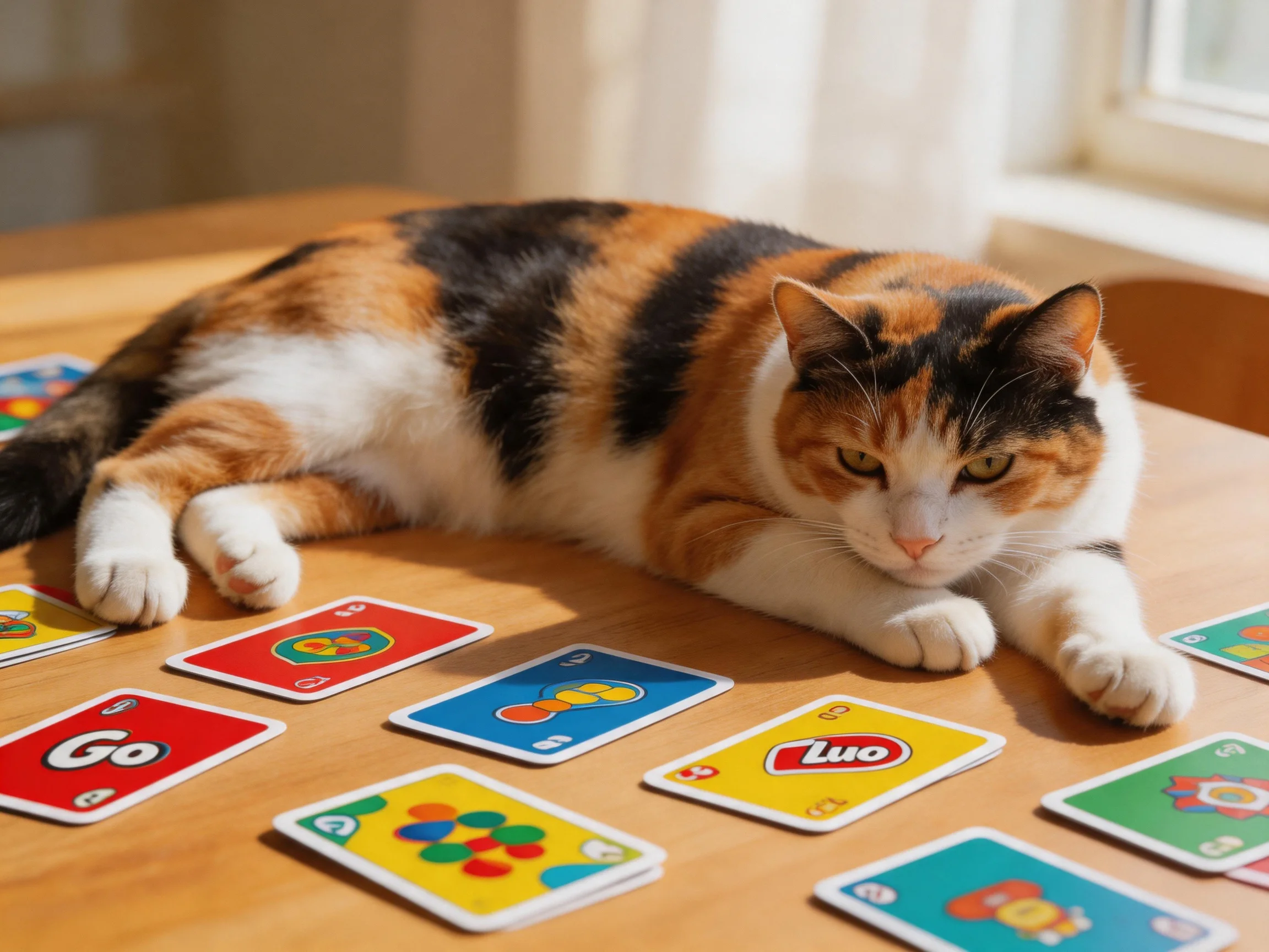 A calico cat relaxes near scattered UNO cards on a wooden table.