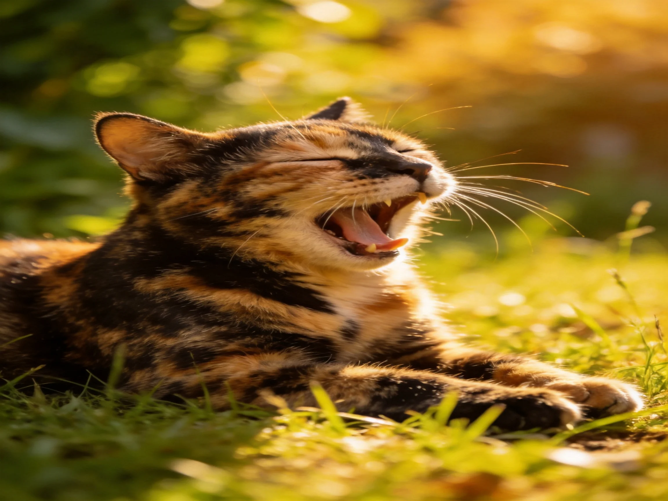 A calico cat yawns while resting on sunlit grass.