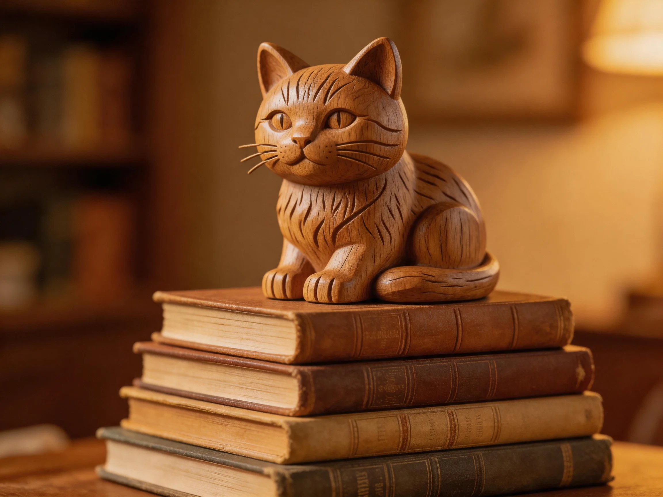 A wooden cat figurine rests on a stack of old books in a warmly lit room.